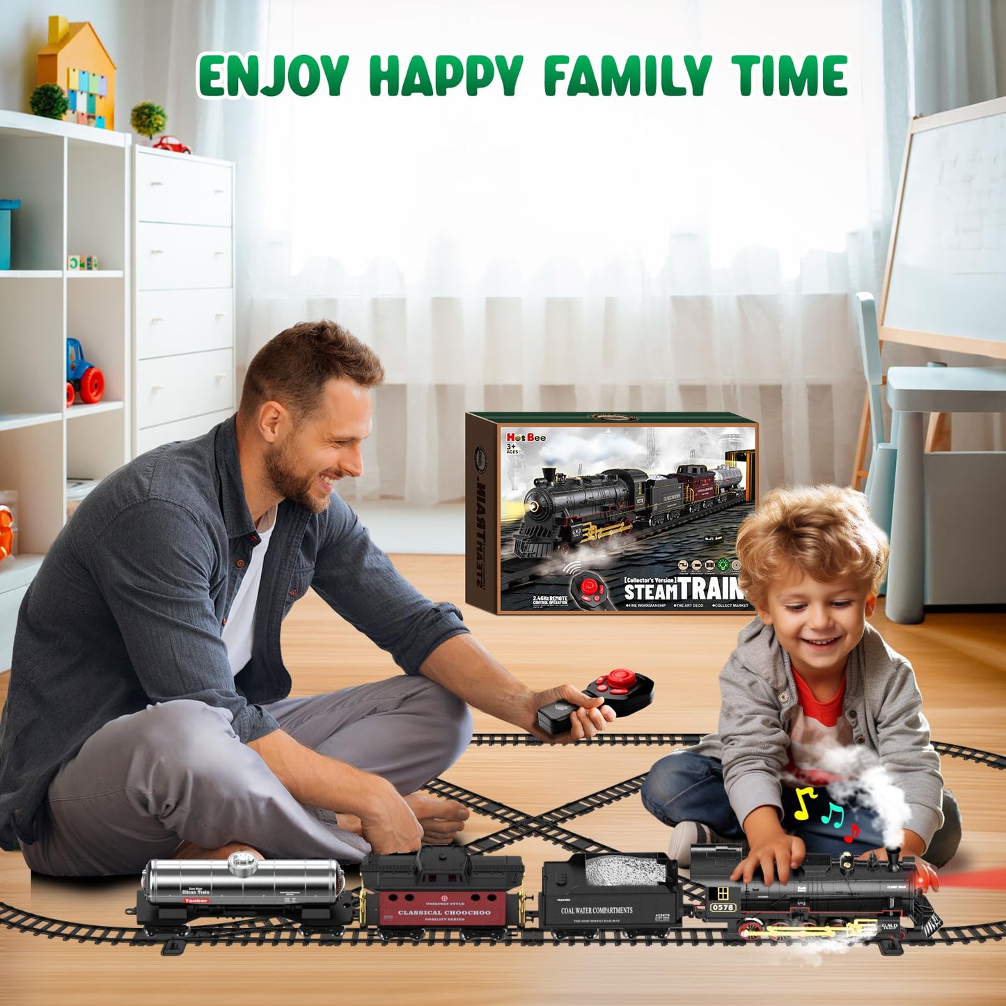 Hot Bee Train Set For Boys, Alloy Remote Control Train Toys With Steam Locomotive Cargo Cars Tracks, Trains With Realistic Smoke Sound Lights,Christmas Train Toys Gifts For 3 4 5 6 7 8+ Years Old Kids