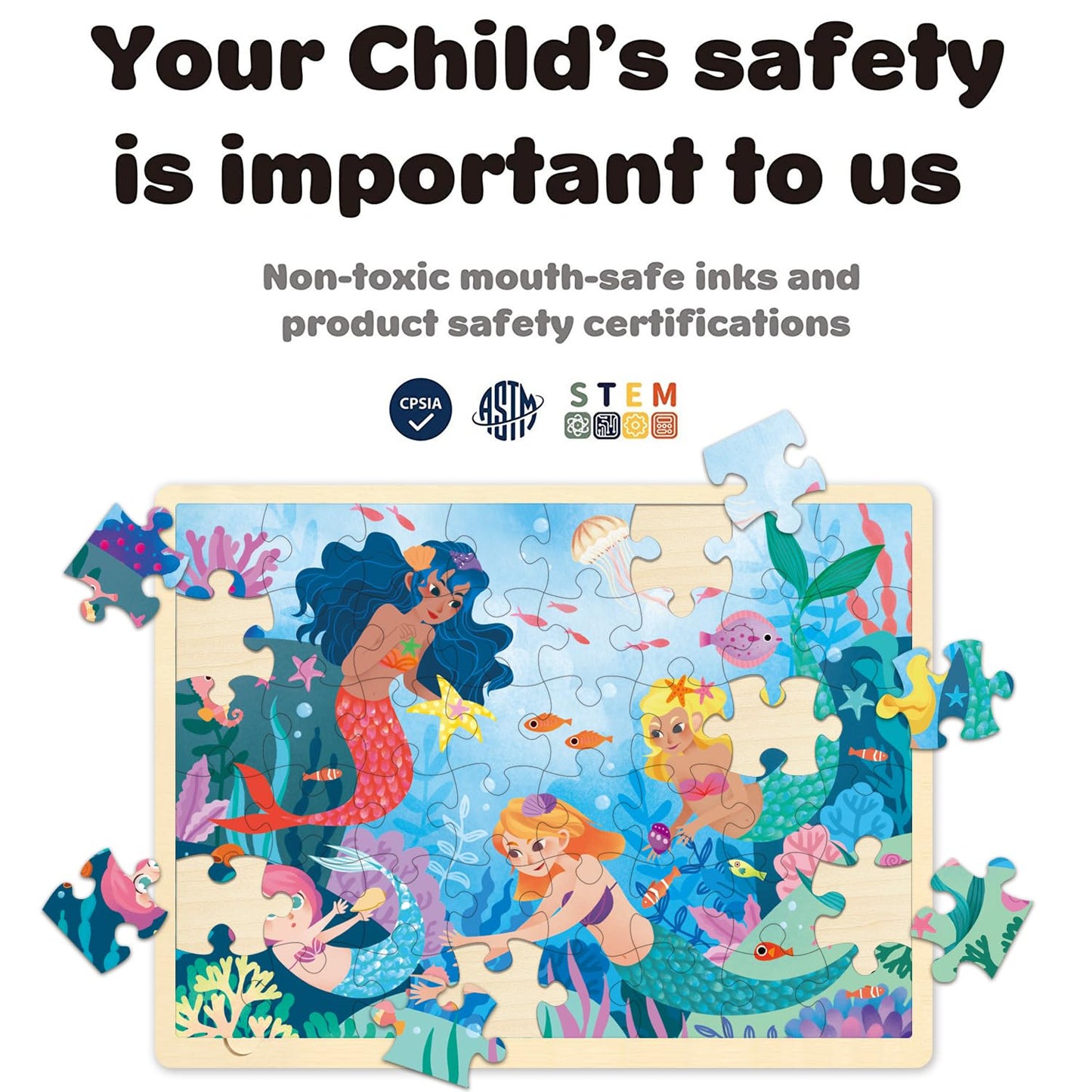 Moinkidz 48 Piece Puzzles For Kids Ages 3-5, Fun Mermaid Wooden Jigsaw Puzzles For 3 Year Old, Preschool Toddler Puzzle Ages 4-8