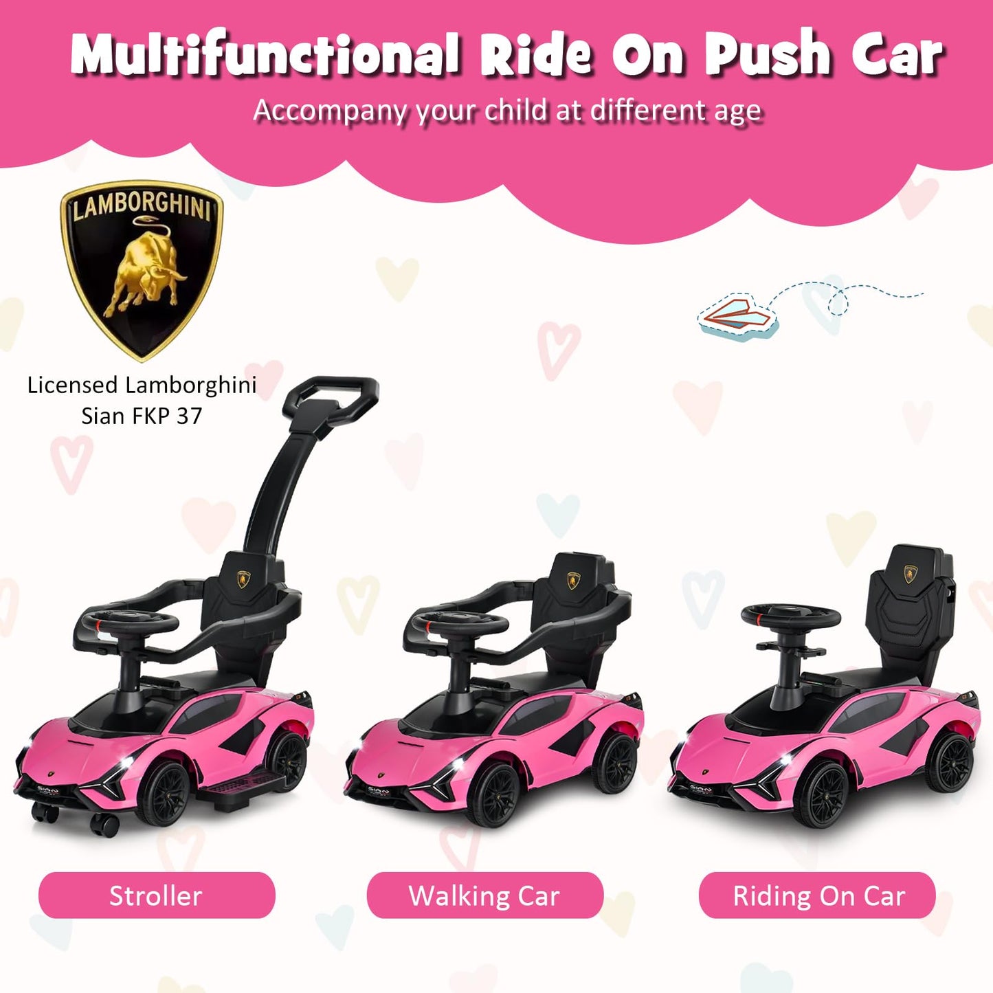 Infans 3 In 1 Ride On Push Car, Licensed Lamborghini Baby Stroller Sliding Walking Car With Parent Control Handle, Music, Headlight, Under Seat Storage, Kids Foot-To-Floor Toy For 18-60 Months (Pink)