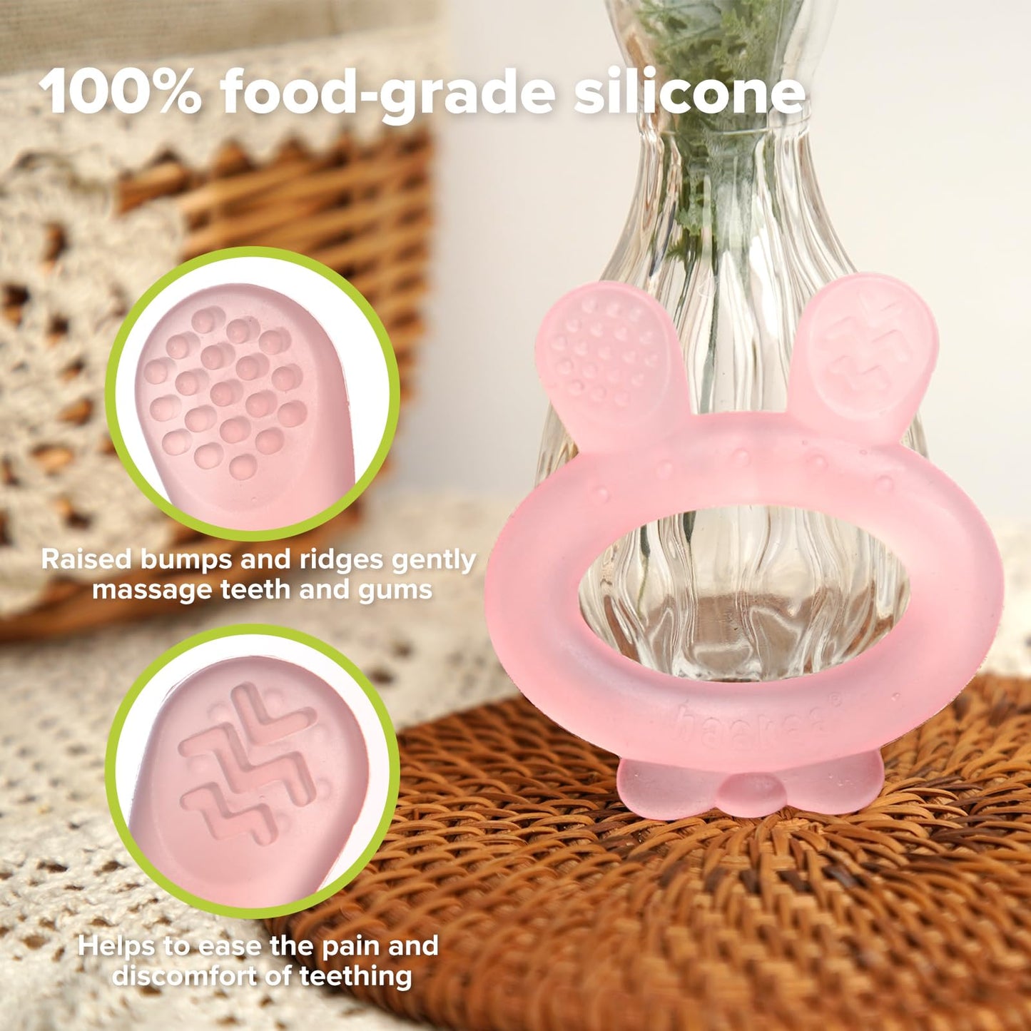 Haakaa Silicone Baby Teether - Rabbit Ear Frozen Teething Toy For Babies 3-6 Months- Cold Teething Relief - Bpa Free Silicone-Pi