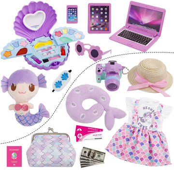 Srua Don 18 Inch Doll Suitcase Travel Luggage Play Set, 18' Doll Mermaid Theme Travel Carrier Storage Accessories For 18Inch Doll, Include Case Doll Clothes Hat Sunglasses Camera Pillow Toy Pet, Etc