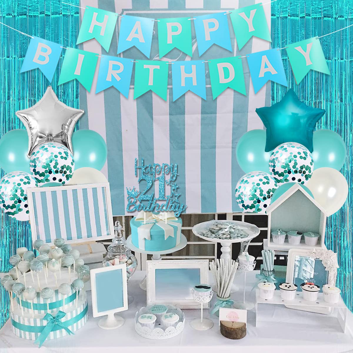21St Birthday Decorations For Women Girls Her Teal - Happy Birthday Banner Cake Topper Birthday Girl Sash Number 21 Foil Balloon