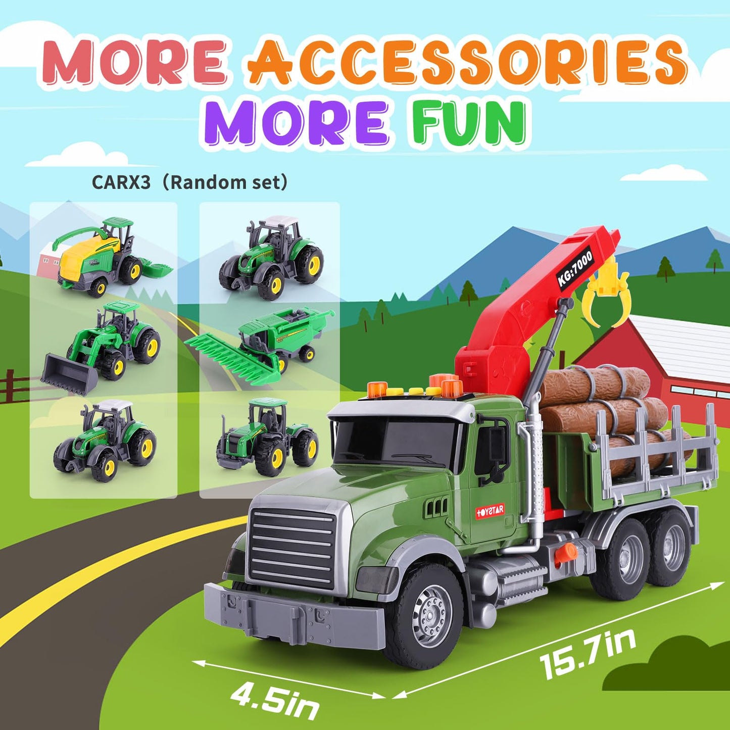 wakelnsa 15'' Big Truck Toys Set,Include Farm Truck,3 Random Metal Truck,Toy Truck with Hook,Toys for Boys Age 3-7 Christmas & B