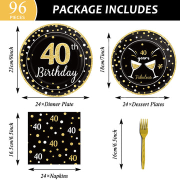 96 Pcs 40Th Birthday Plates And Napkins Party Supplies Black Gold Happy Forty Theme Tableware Set 40Th Birthday Decorations Favo