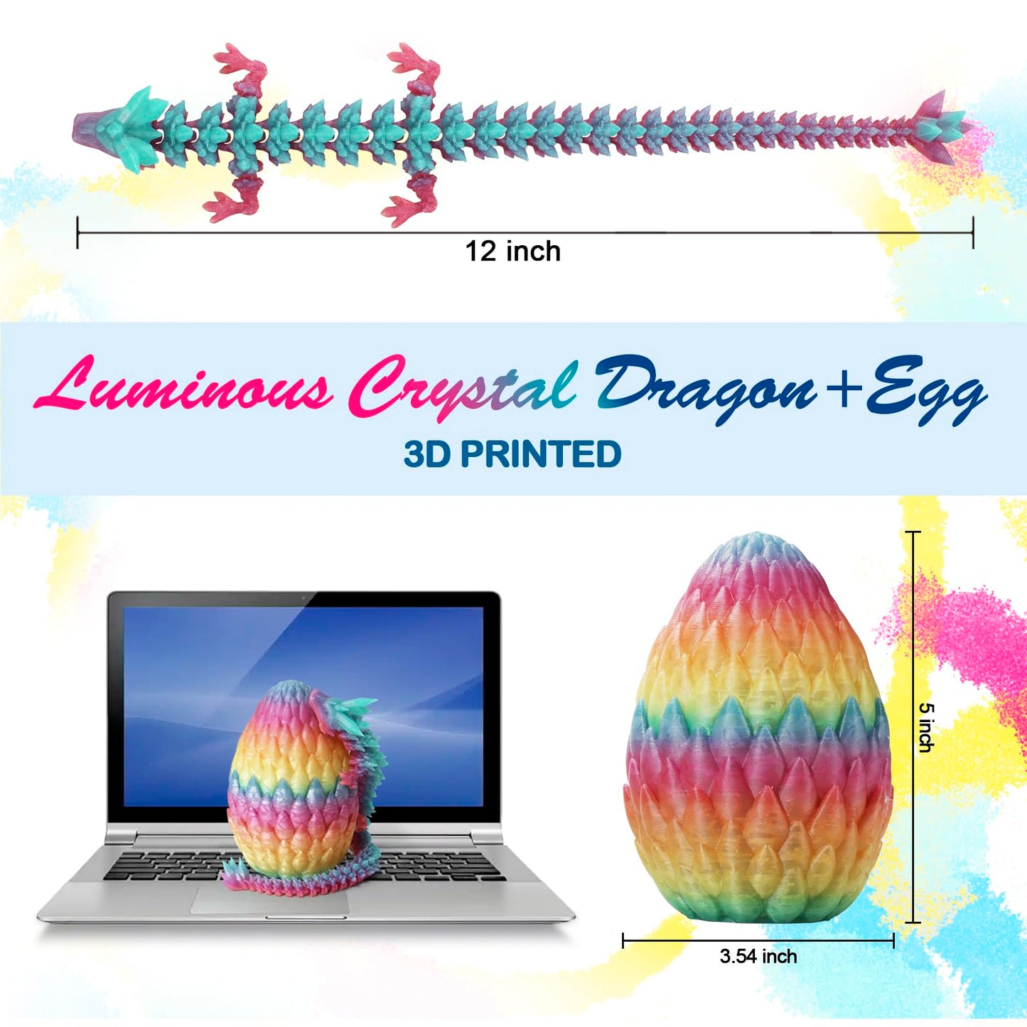 3D Printed Dragon,Dragon Eggs With Dragon Inside,Surprise Dragon Egg Toy,12'' Full Articulated Crystal 3D Dragonls