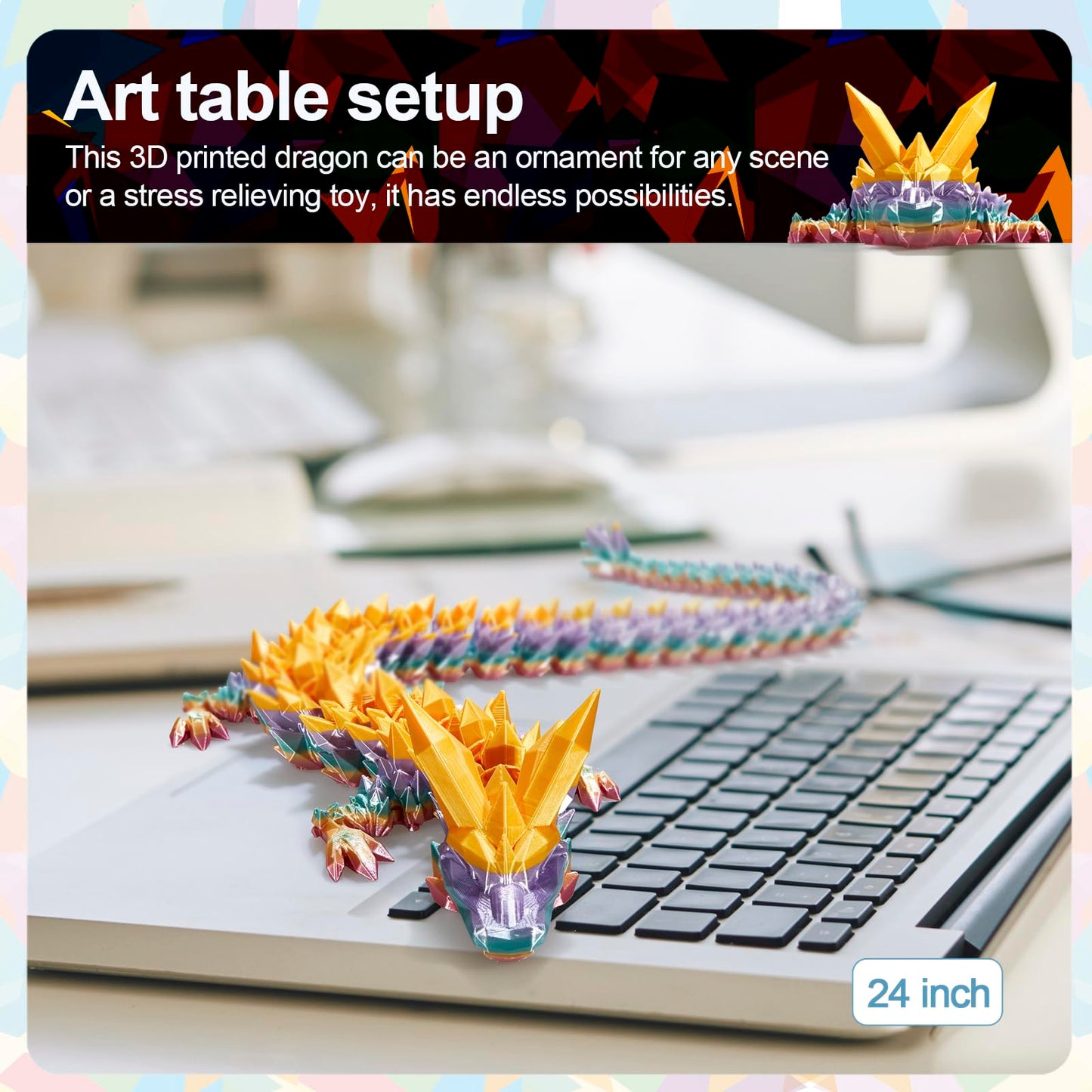 Rwsefk 24 In 3D Printed Dragon, 24Inch Dragon,3D Dragon Toy,Large Dragon Present,Ariculated Crystal Dragon(Gold Rainbow)