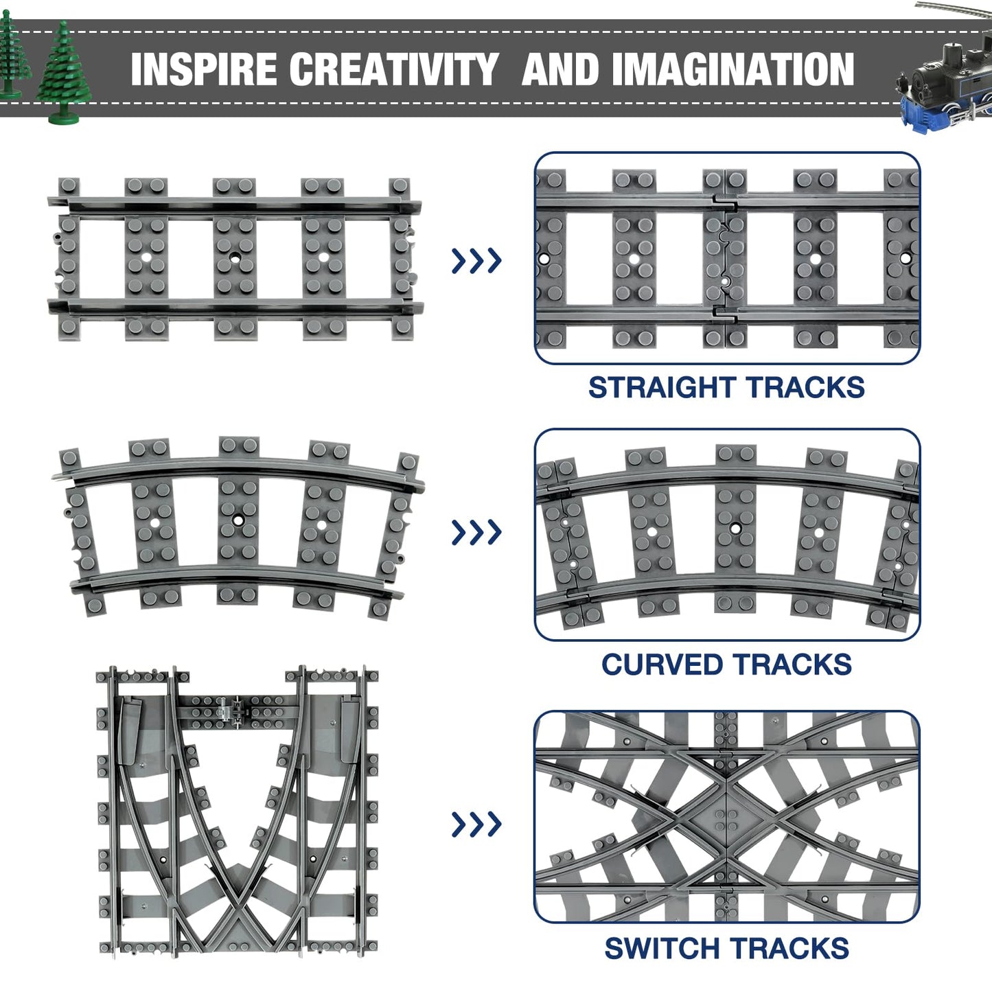 Mannidoo Classic City Train Tracks, 54 Pieces Railroad Tracks With 32 Curved Tracks, 20 Straight Tracks And 2 Switch Train Track