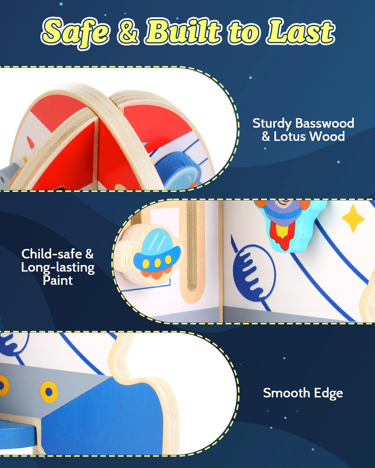 Gleamkid Baby Space Rocket Wooden Activity Cube Montessori Toys, 6-In-1 Sensory And Educational Learning Toys With Bead Maze Aba