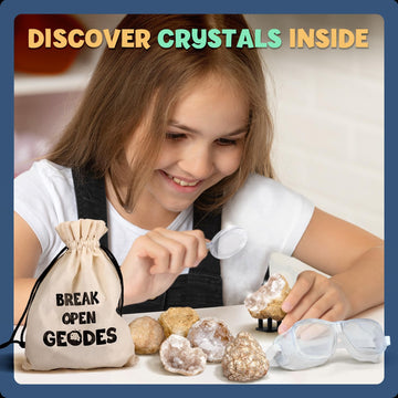 XXTOYS Break Open 10 enhanced Geodes with Crystals - Great STEM Science Gift for Mineralogy & Geology Enthusiasts of Boys and Girls for Any Age - Includes Goggles Learning Guide & 2 Display Stands