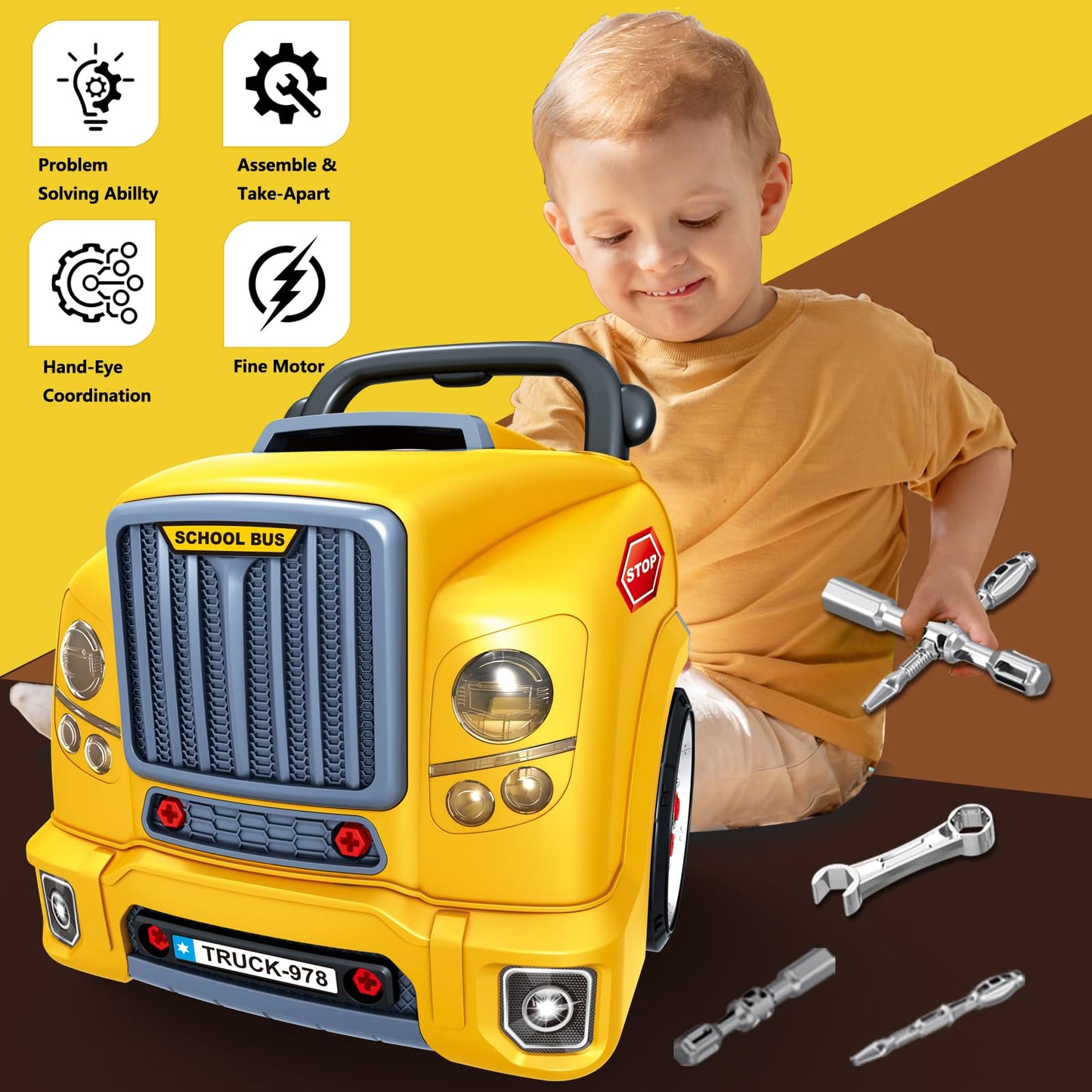 MUGEYMYD Large Truck Engine Toy for Kids 3-5, Take Apart Motor Vehicle Pretend Play Car with Light and Sound, Kids Mechanic Work