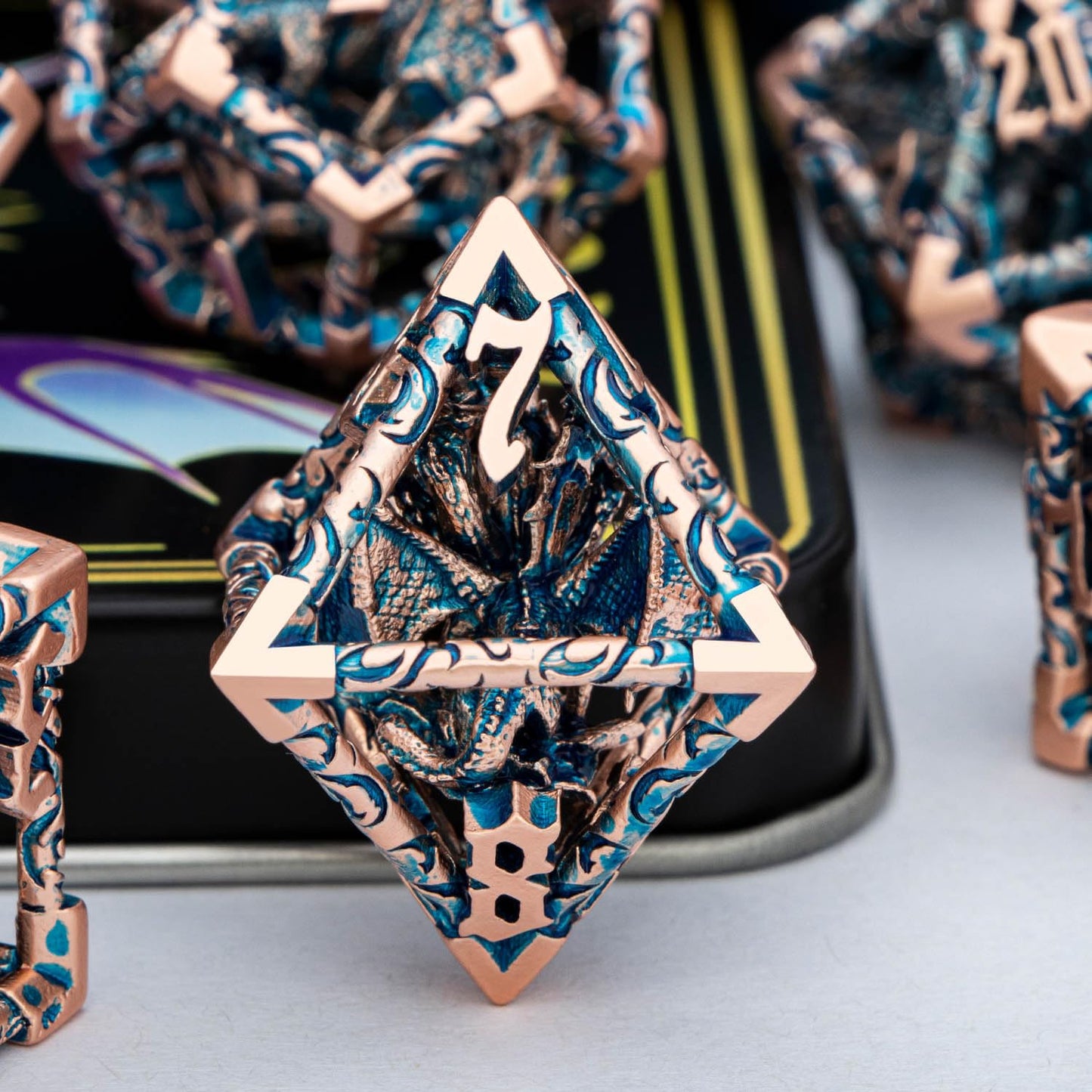ARUOHHA Hollow DND Dice Set Copper Blue 5-Headed Dragon D and D Dice with Gift Box, Dungeons and Dragons Role Playing Games 7PCS