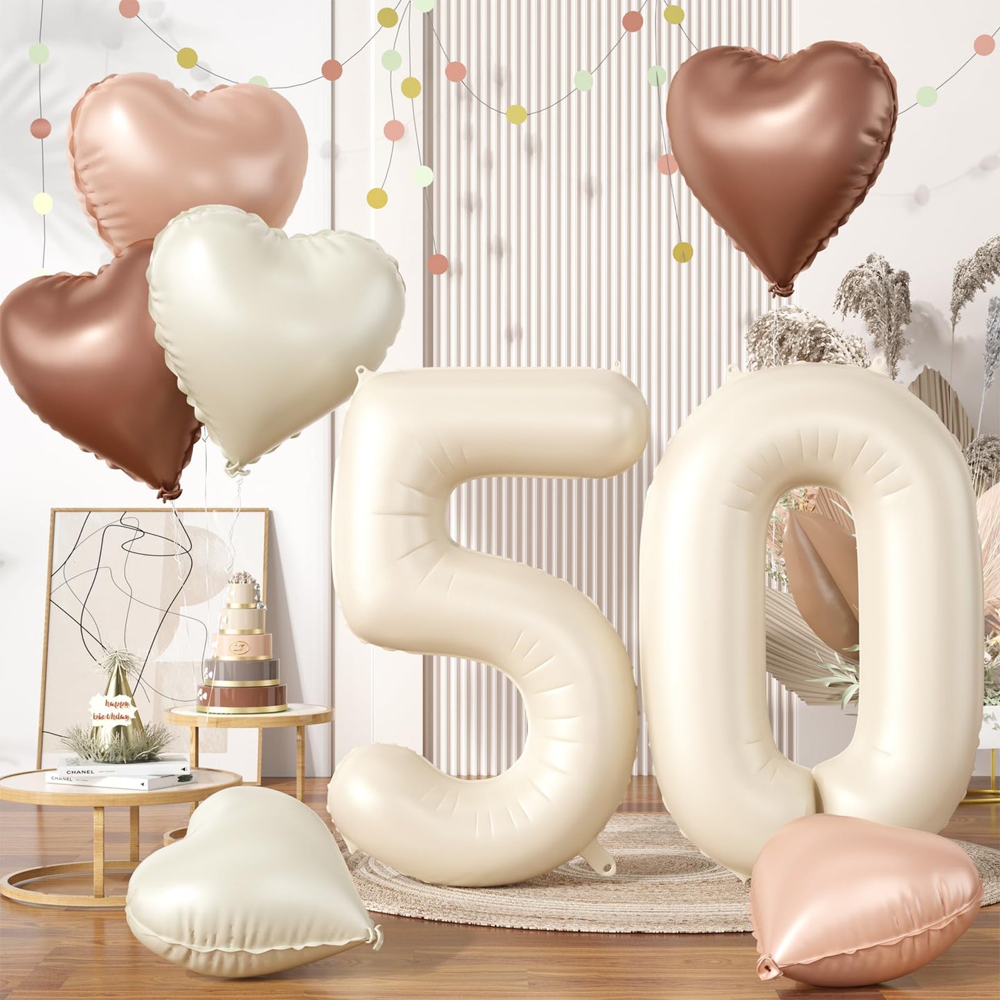 Biapian 40 Inch Cream Number 50 Balloons, 8Pcs Large Foil Number 5 & 0 Balloons With 18'' Cream White Heart Balloon For 50Th Yea