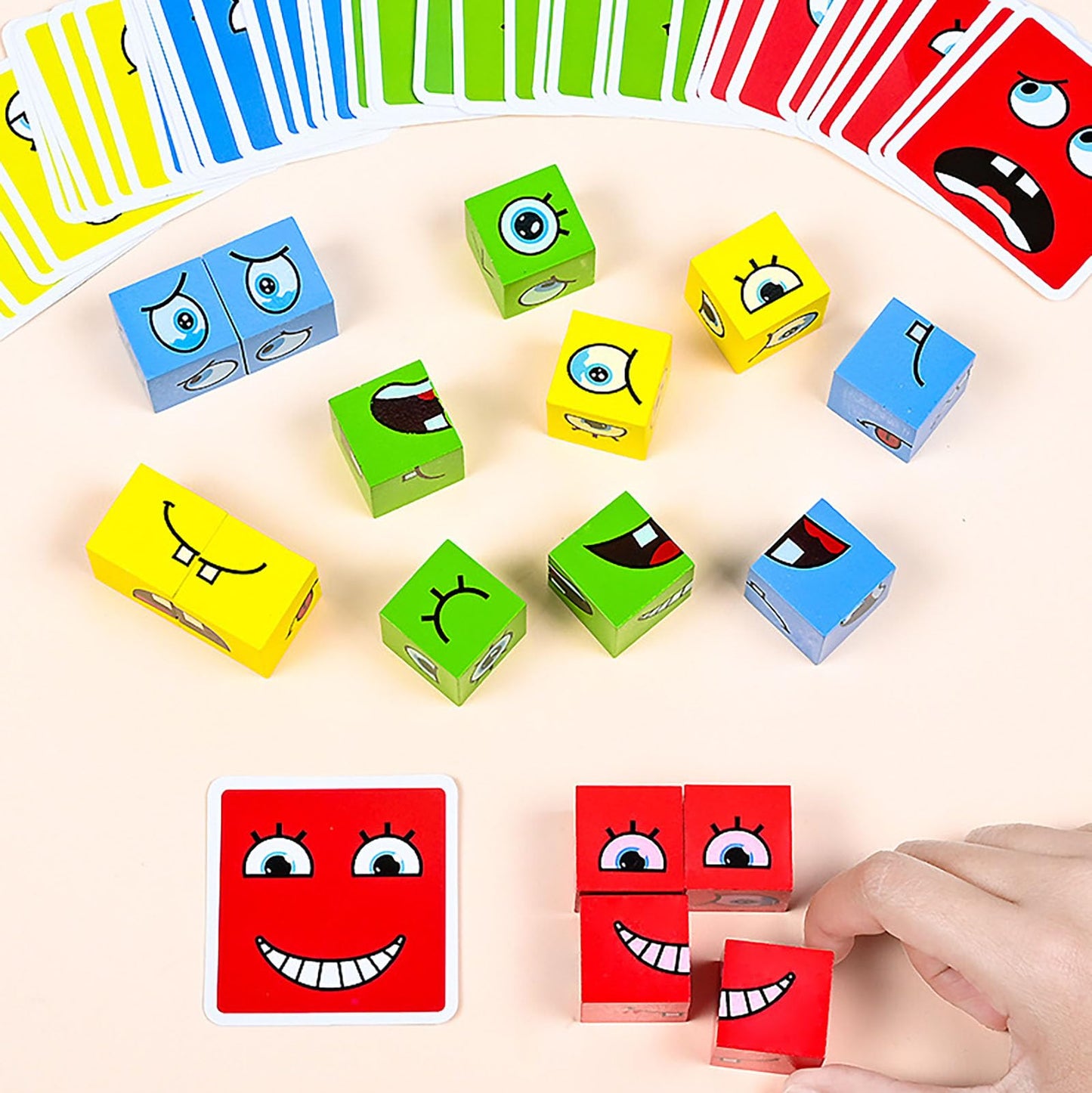 Alalatois Large Wooden Face Expression Puzzle Building Cubes Manipulatives Face Changing Magic Cube Puzzles Matching Game With B