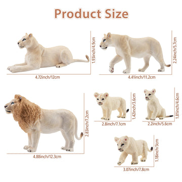 Toymany 6Pcs White Lion Figurines With Lion Cubs, 2-5'' Jungle Animals Figures Realistic Family Set Includes Baby Lions, Educati