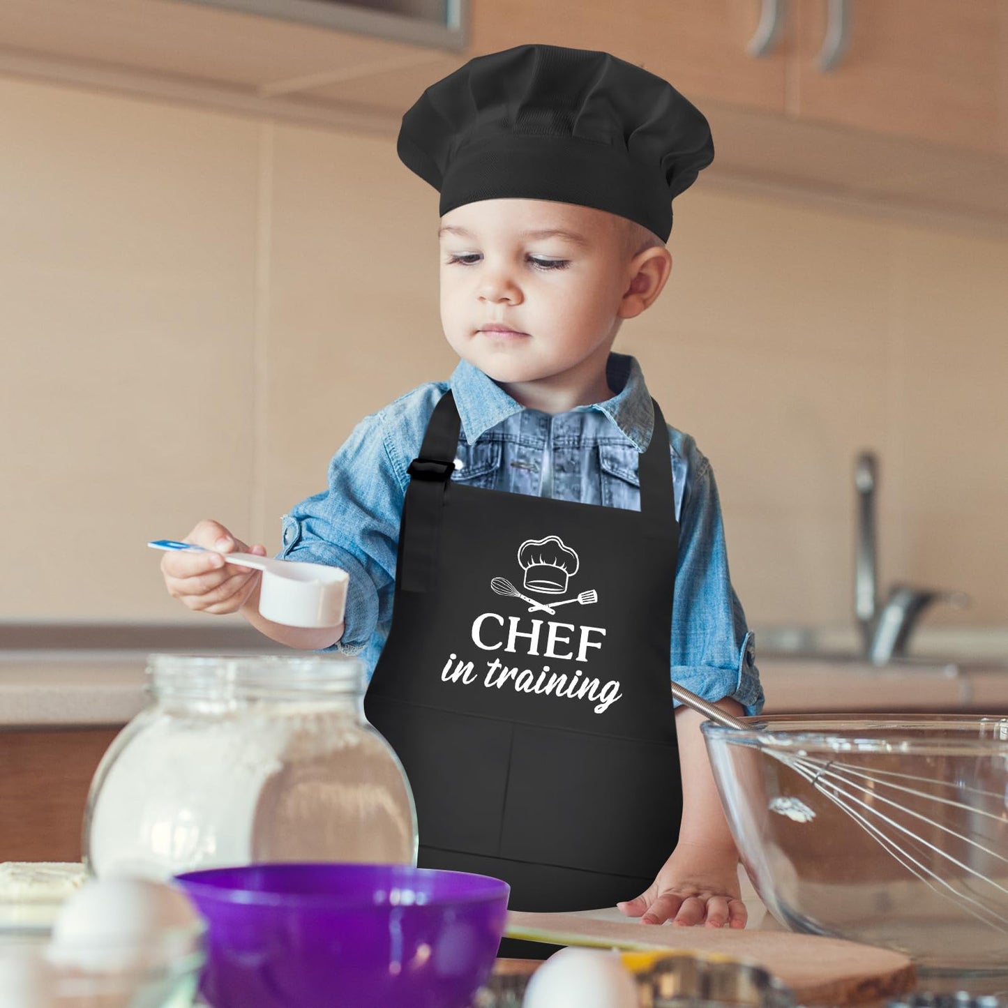 XLSXEXCL Kids Apron and Chef Hat Set, CHEF in training Apron Adjustable Child Apron Chef in Training Funny Apron with 2 Pocke