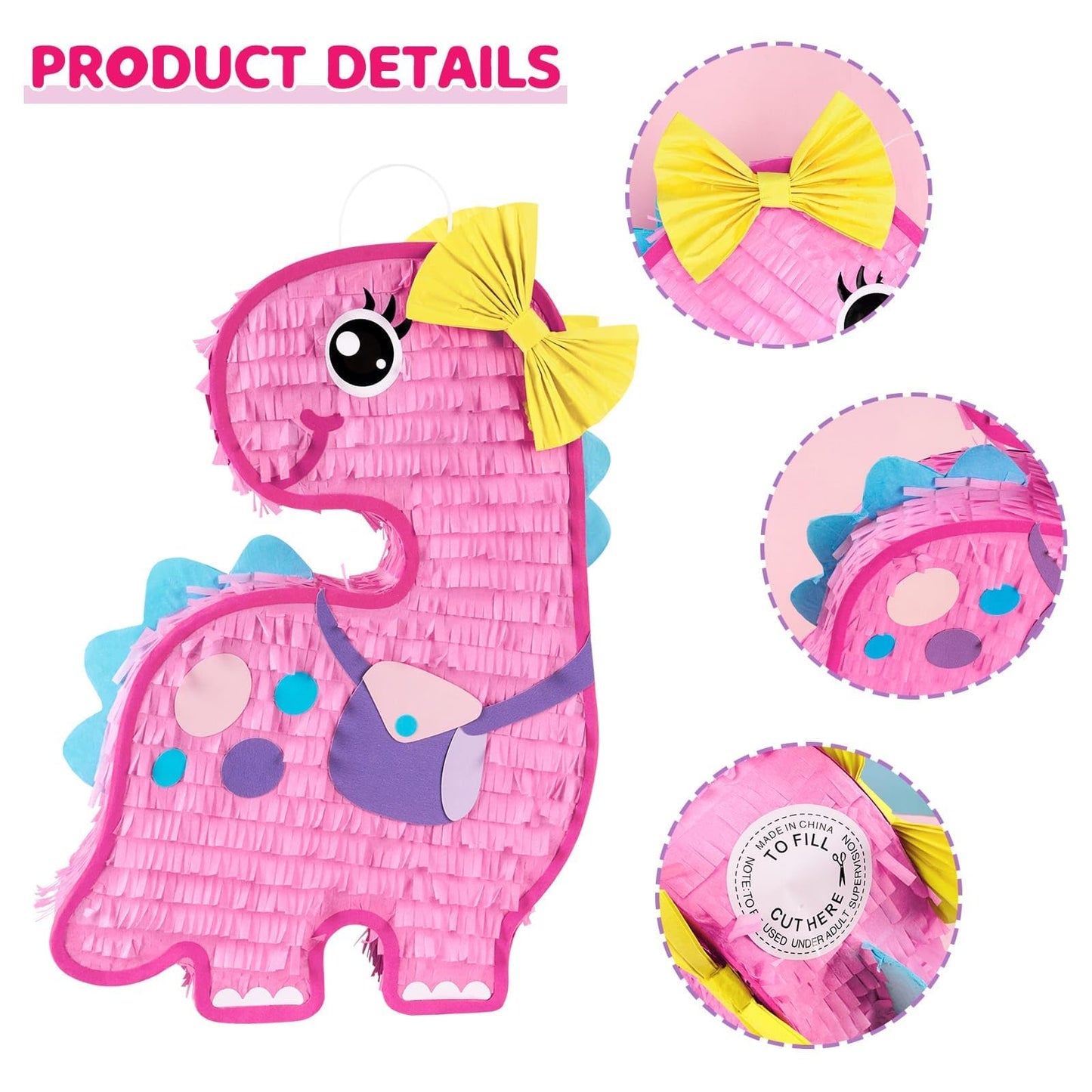 Wernnsai Dinosaur Piñata - Pink Piñata Bundle With Blindfold And Bat For Girls Kids Piñata Brontosaurus Themed Party Game Supplies For Birthday Party Decoration Carnivals Festivals Baby Shower