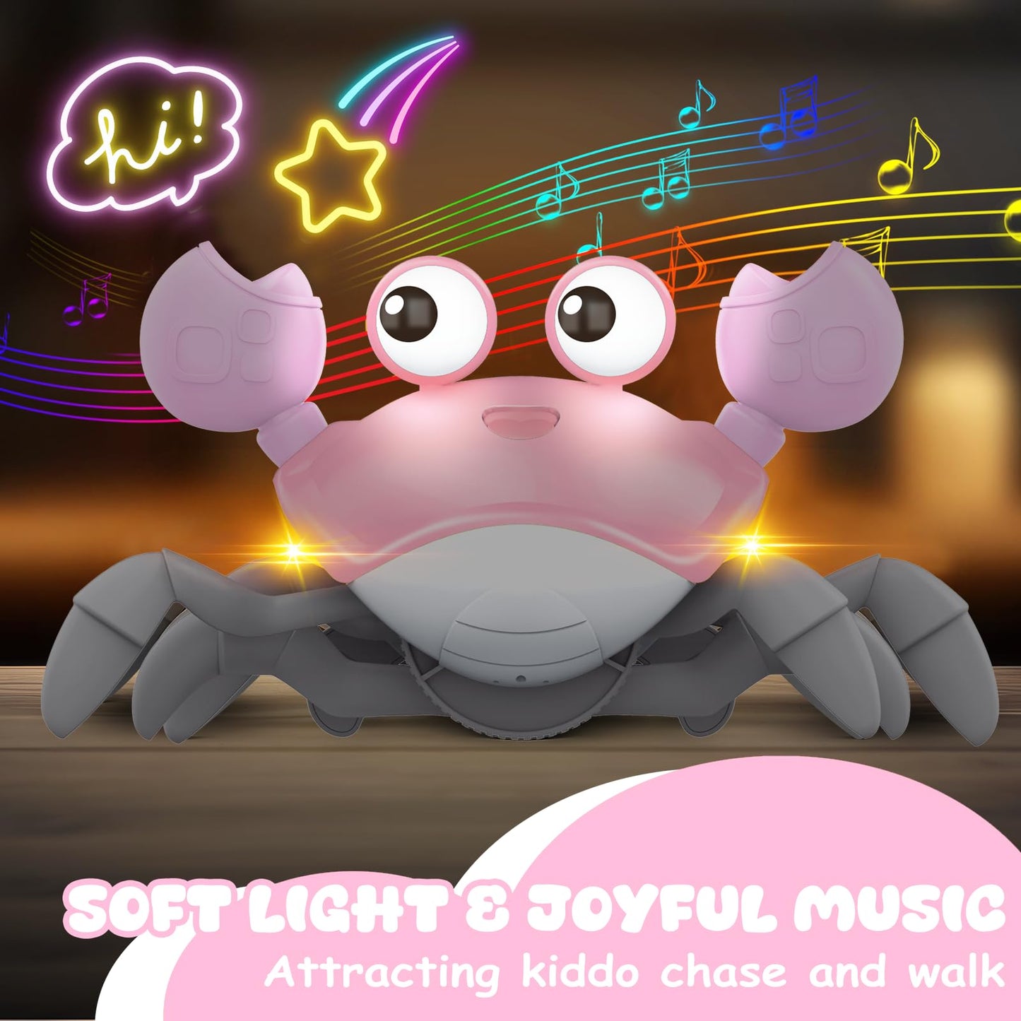 Crawling Crab Baby Toy, Tummy Time Girl Gifts For Babies 3-6 6-12 Month, Light-Up Walking Dancing Moving Crab With Music & Obsta