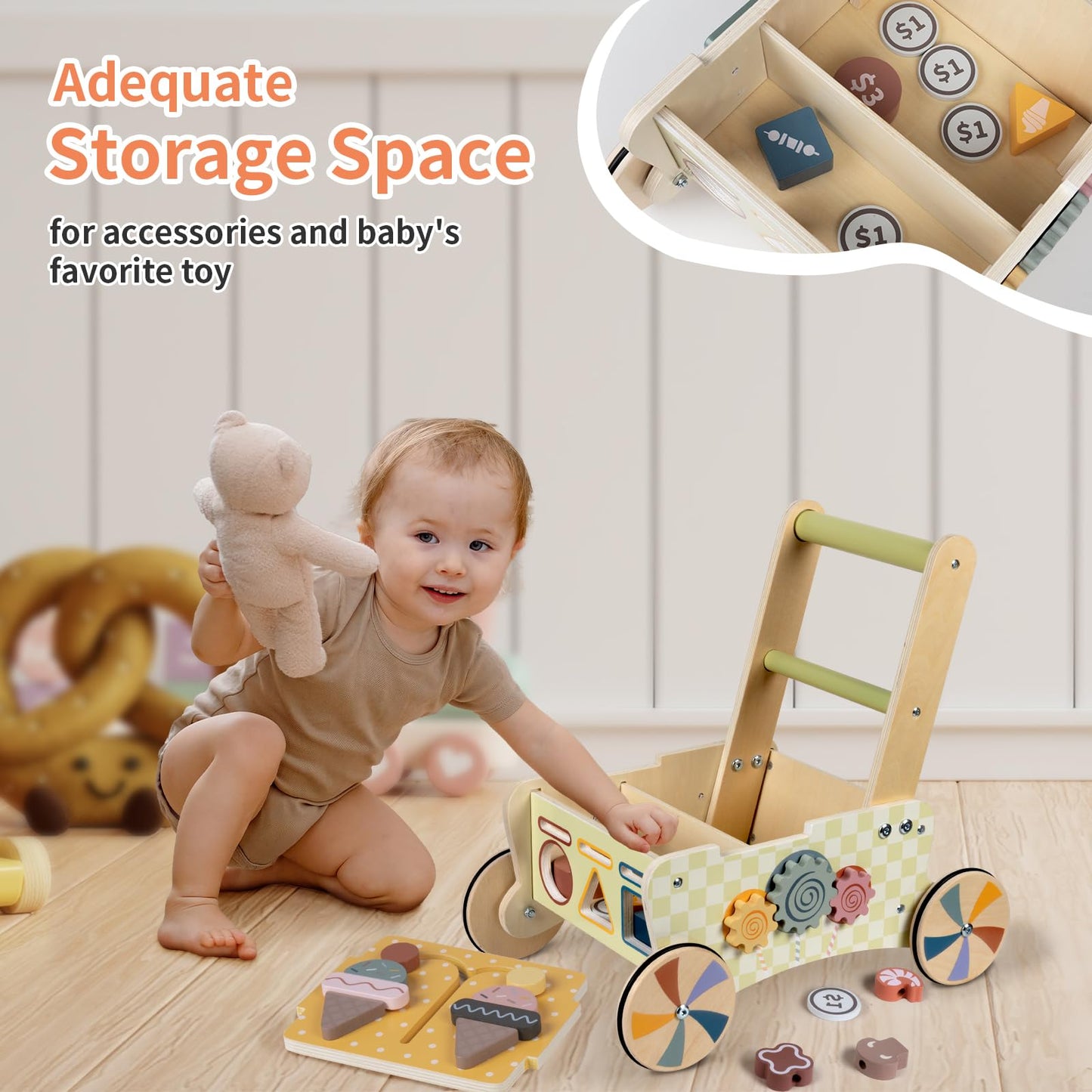 Lol-Fun Wooden Baby Walker With Wheels, Baby Push Walker For Baby Girl And Boy 12 Months, Walking Push Toys 1 Year Old Girl Boy Gifts