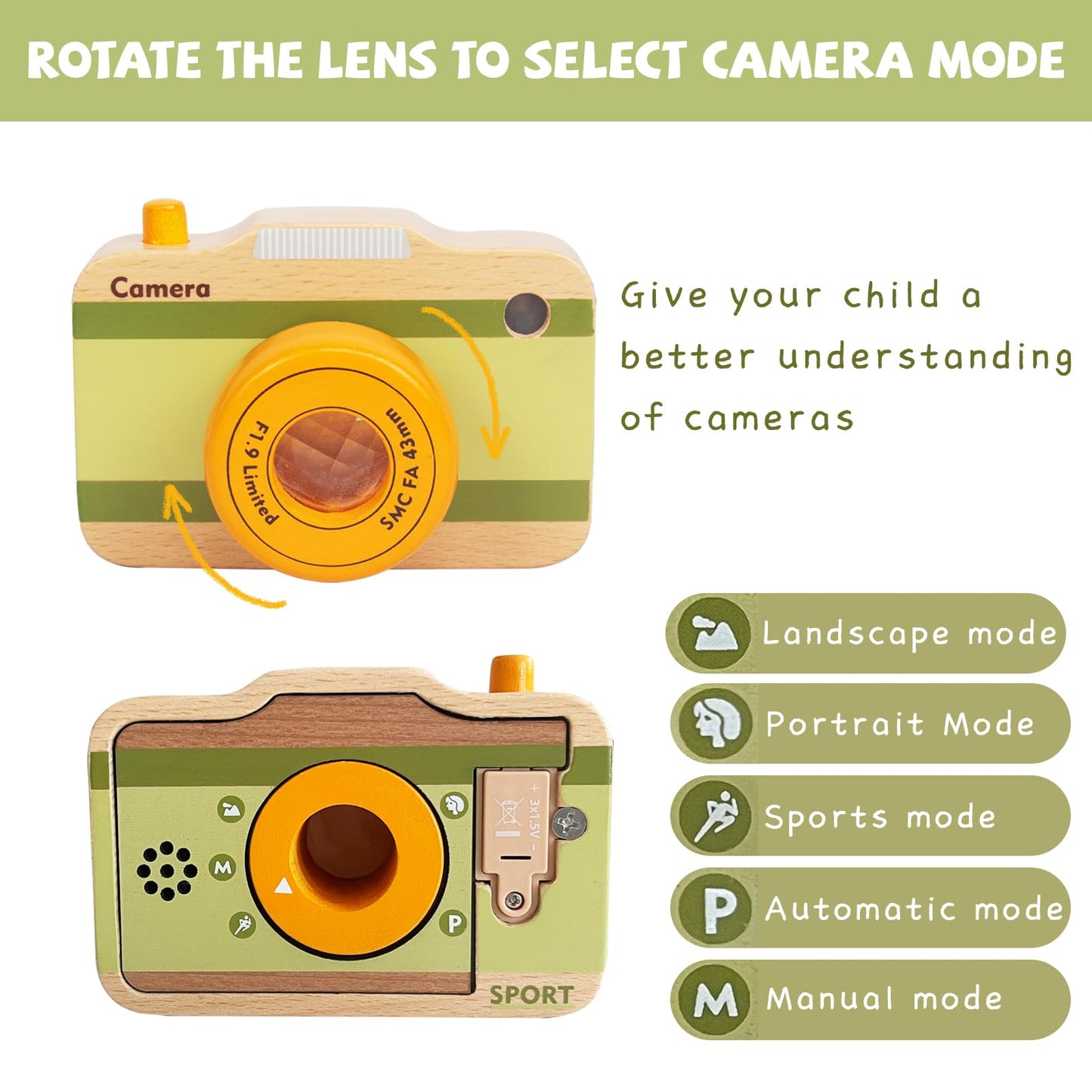 Wooden Mini Pretend Camera Toy With Real Sounds And Light For Toddlers 1 2 3 Years Old, Neck Hanging Photographed Props For Boys