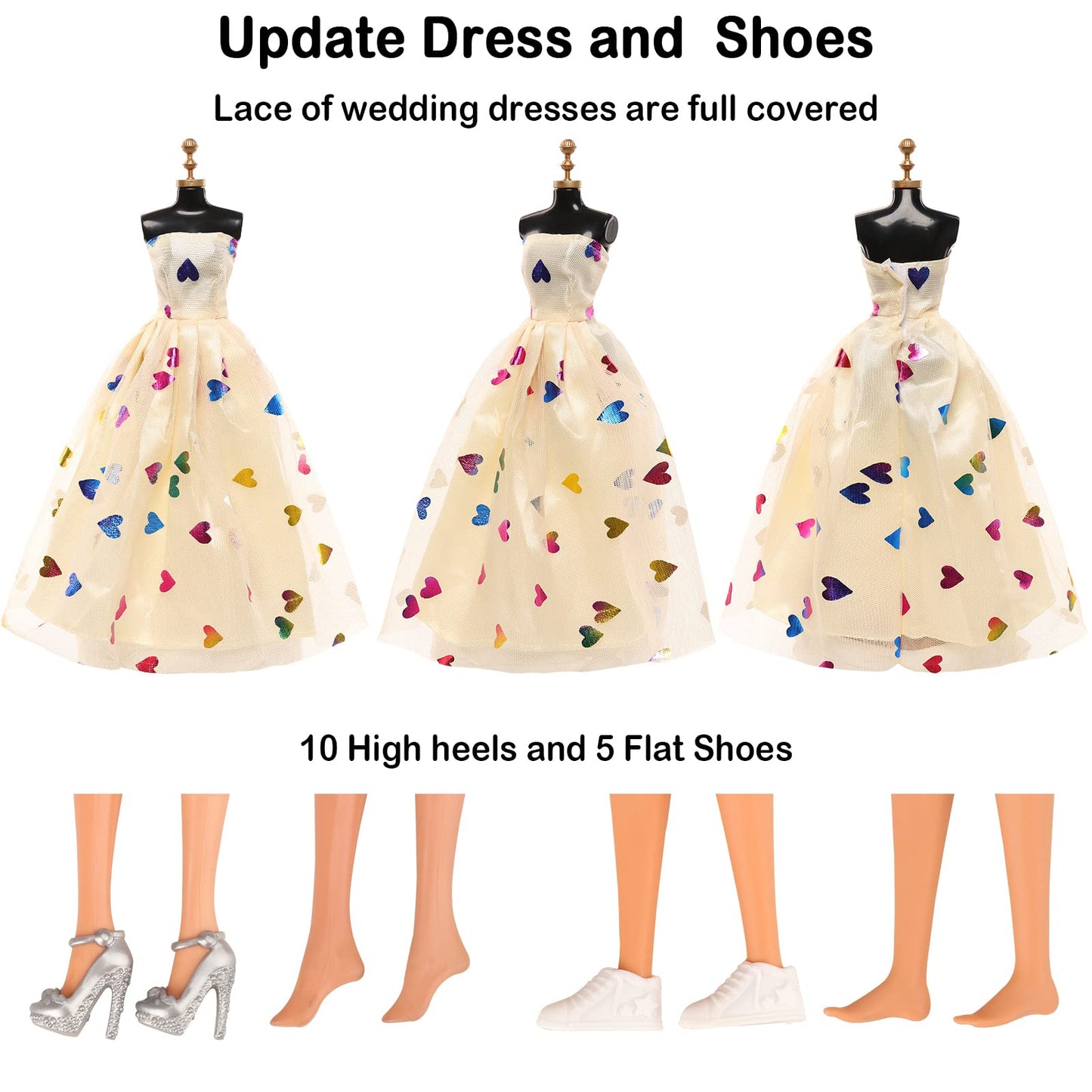 Barwa 41 Pack Doll Clothes And Accessories 15 Sets Doll Clothes 3 Wedding Long Dresses 3 Fashion Dresses 4 Tops Pants 2 Bikini Swimsuits 1 Pool Floaties 15 Shoes 10 Hangers For 11.5 Inch Doll