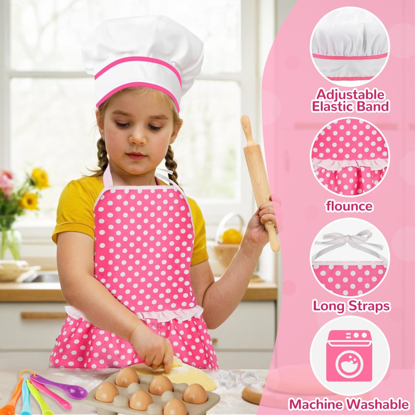 MEIDAYAI Kids Cooking Baking Set , Kids Kitchen Pretend Play Toys, Kids Chef Role Play Costume Set - Chef Hat and Matching Pink