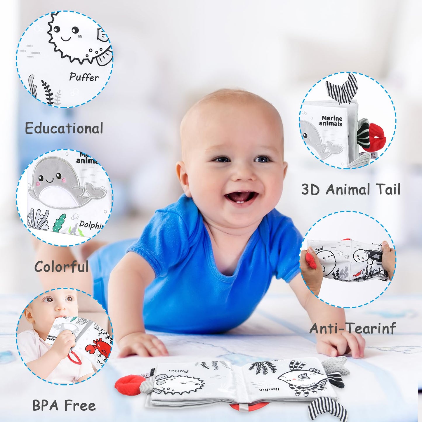 Vicloon Soft Cloth Baby Books, Baby Books 0-6 Months, 3D Black And White High Contrast Soft Cloth Book, Washable Non-Toxic Early