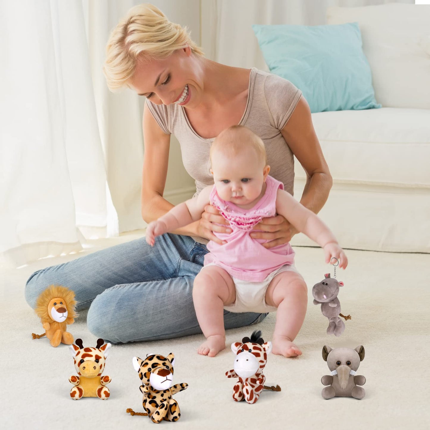 Elcoho 14 Pieces Safari Jungle Animal Plush Toys Small Stuffed Forest Animals Plush Toys 5.9 Inch And 3.75 Inch Keychain Decorations For Animal Themed Parties Goody Bags(Standing,Sitting)