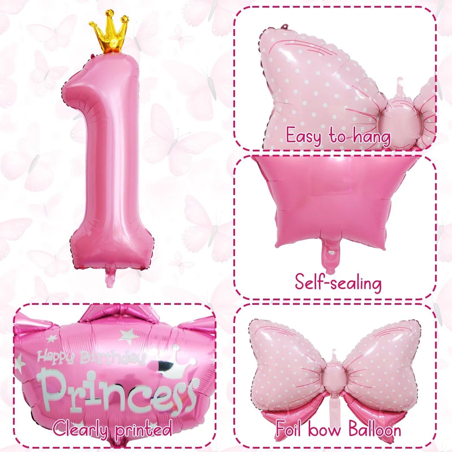 1St Birthday Decorations For Girls, Pink 1St Birthday Balloon Set With 40 Inch Pink Number 1, Large Helium Foil Mylar Crown Balloon, Pink Bow Foil Balloons For Baby Girl Daughter First Birthday Party