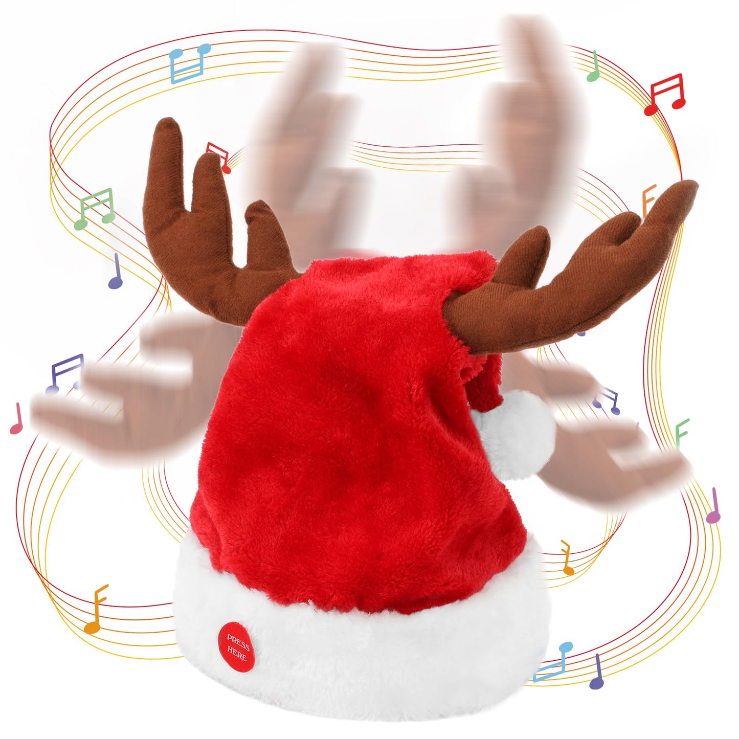 Gfilay Singing and Dancing Electric Santa Hat with Reindeer Antlers - Funny Novelty Musical Interactive Swinging Christmas Hats