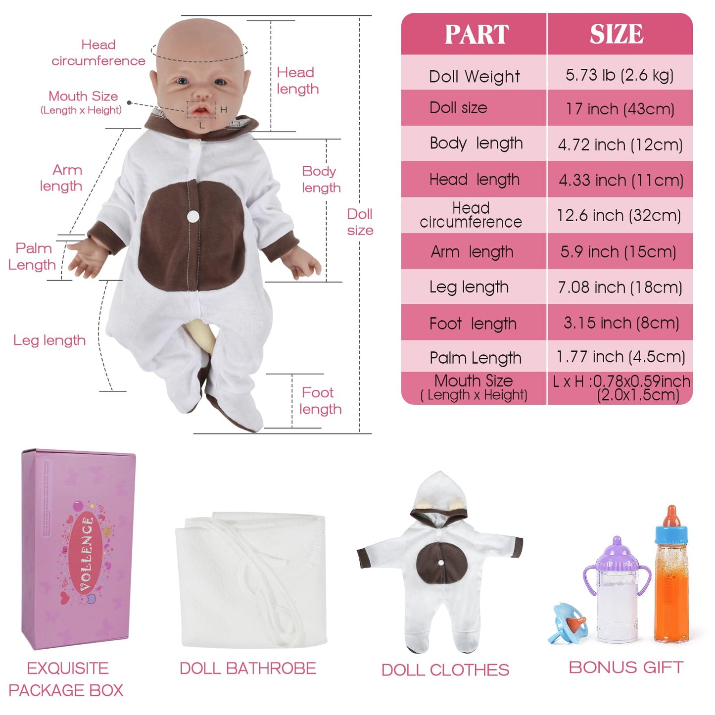 Vollence 17 Inch Full Silicone Baby Doll That Looks Real - Not Vinyl Material, Reborn Lifelike Girl