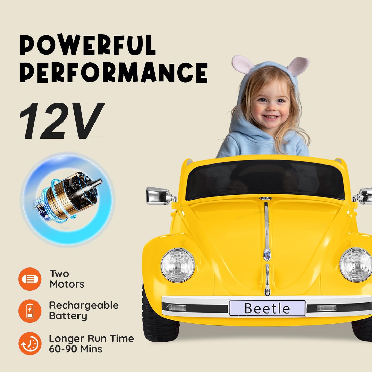 Xcar 12V Electric Car For Toddlers, Ride On Car With Remote Control, Led Light, 3 Speeds, Music, Bluetooth, 3-5 Years Old, Yello