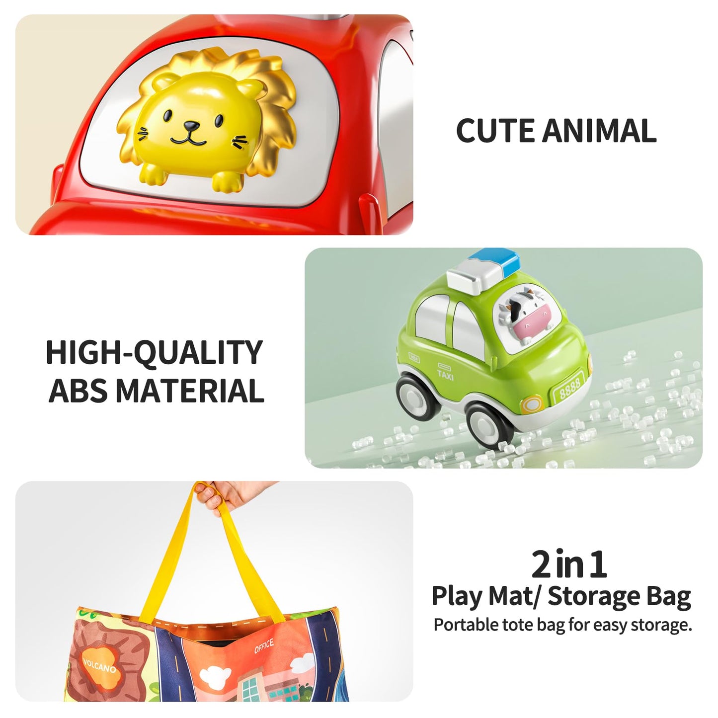TEMI 4PCS Inertia Animal Car Toys with Play Mat/Storage Bag for Toddlers Toy Age 1-3, Baby Toys 1 2 3 Years Old Boys Birthday Ne
