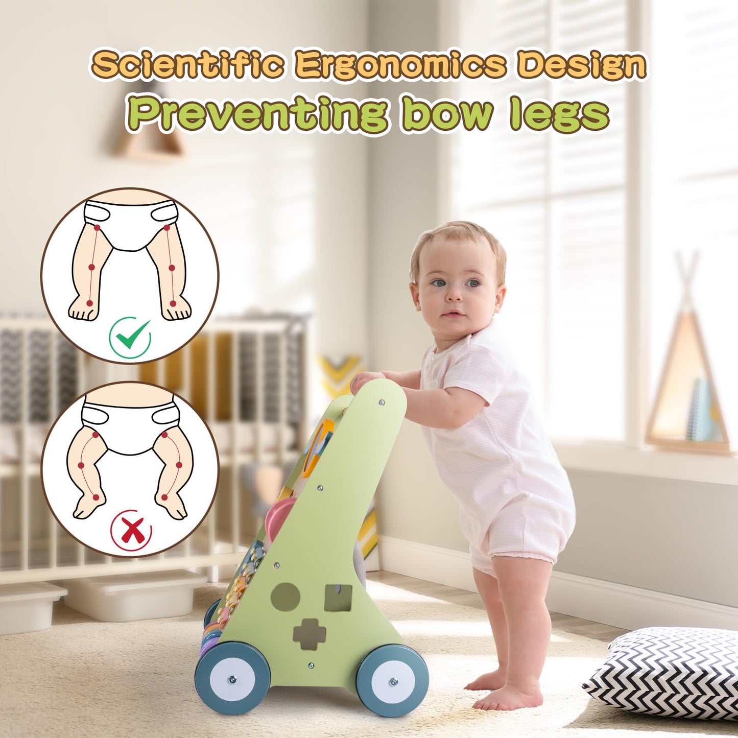 Wooden Baby Walker With Wheels, Baby Walker For Boys 6-12 Months Push Toy, Montessori Walking Toys For 1 Year Old Activity Center