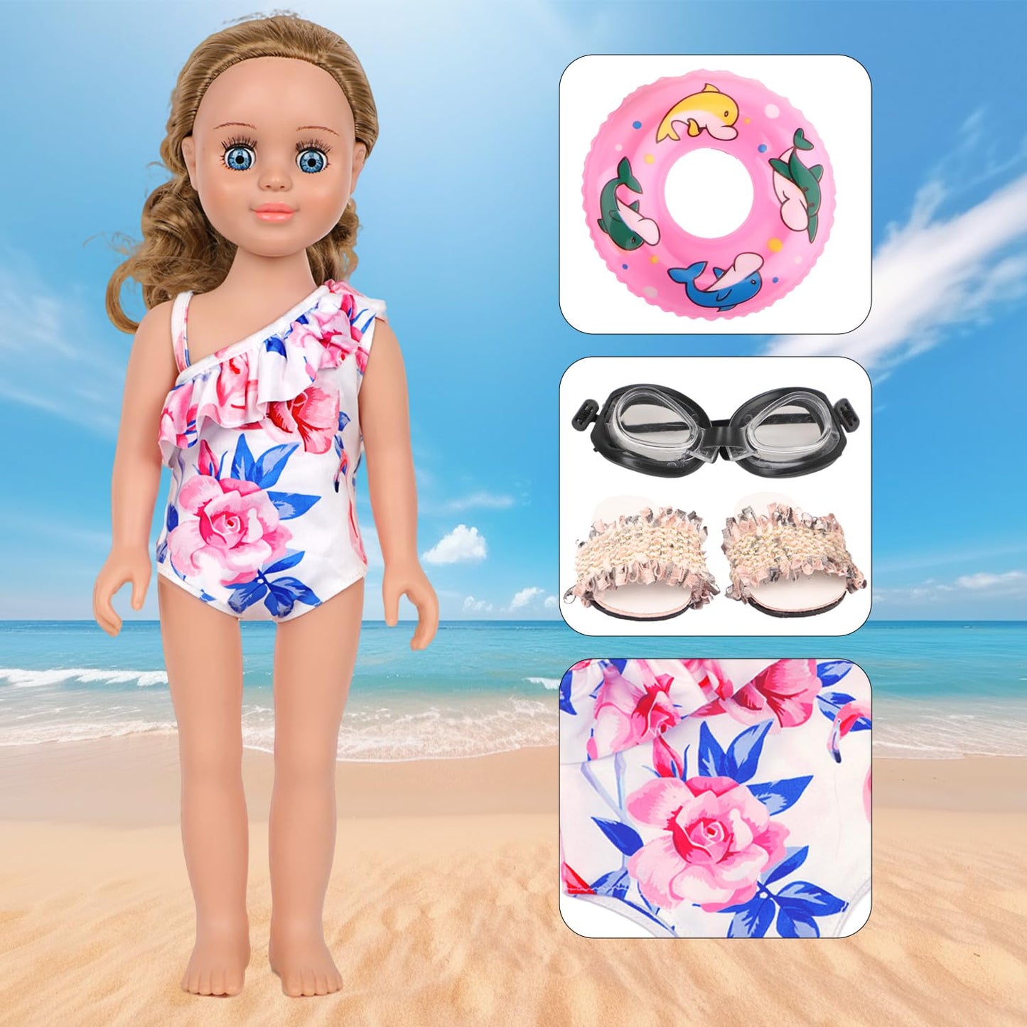 Msyo Doll Swimsuit Set For 18-Inch Doll, 7 Pcs Doll Swimming Accessories, 18-Inch Doll Bathing Suit Set, Fashion Doll Water Play