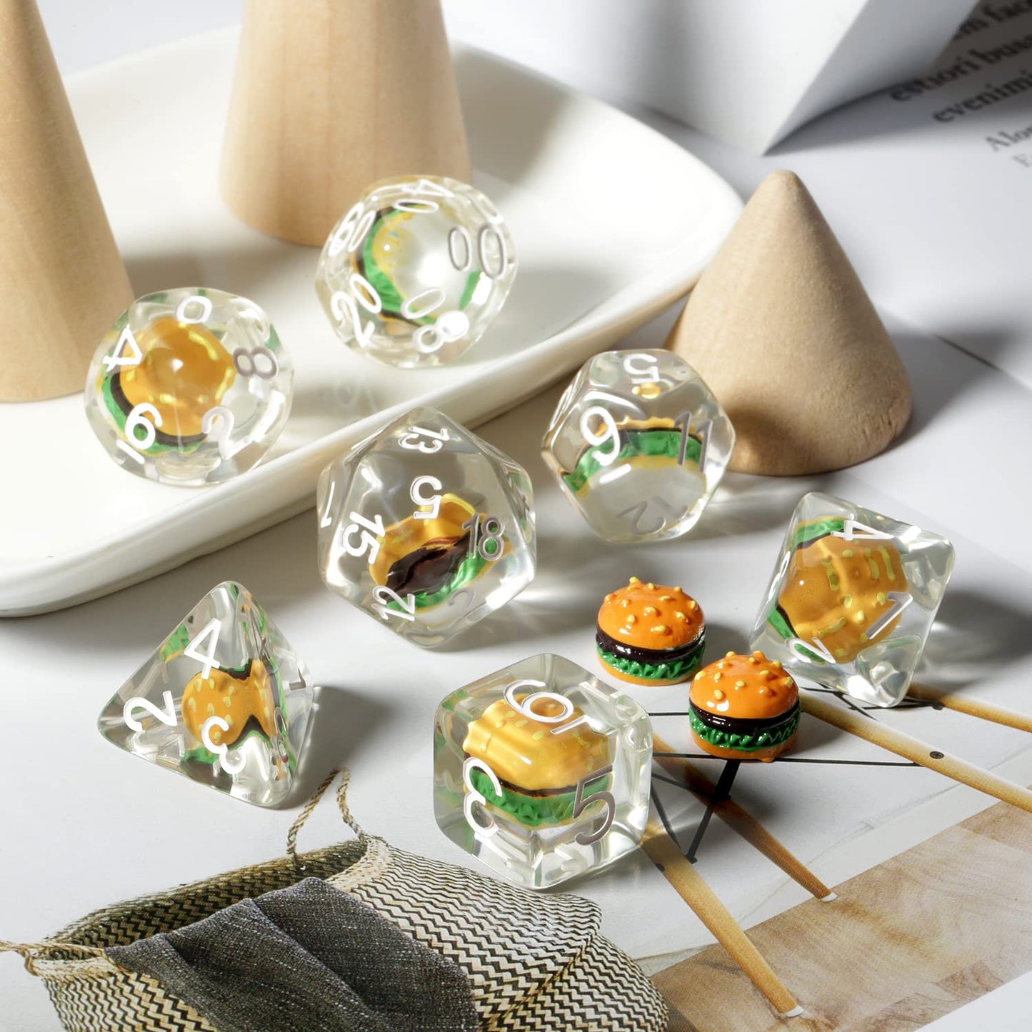 Hamburger Dungeons and Dragons Dice, DNDND 7PCS Resin DND Dice Set with Velvet Bag for D&D Role Playing Games and Tabletop Games