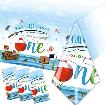 Ofishally One Birthday Decorations, 3Pcs Gone Fishing 1St Birthday Party Supplies Tablecloth, Little Fisherman Gone Fishing Rect