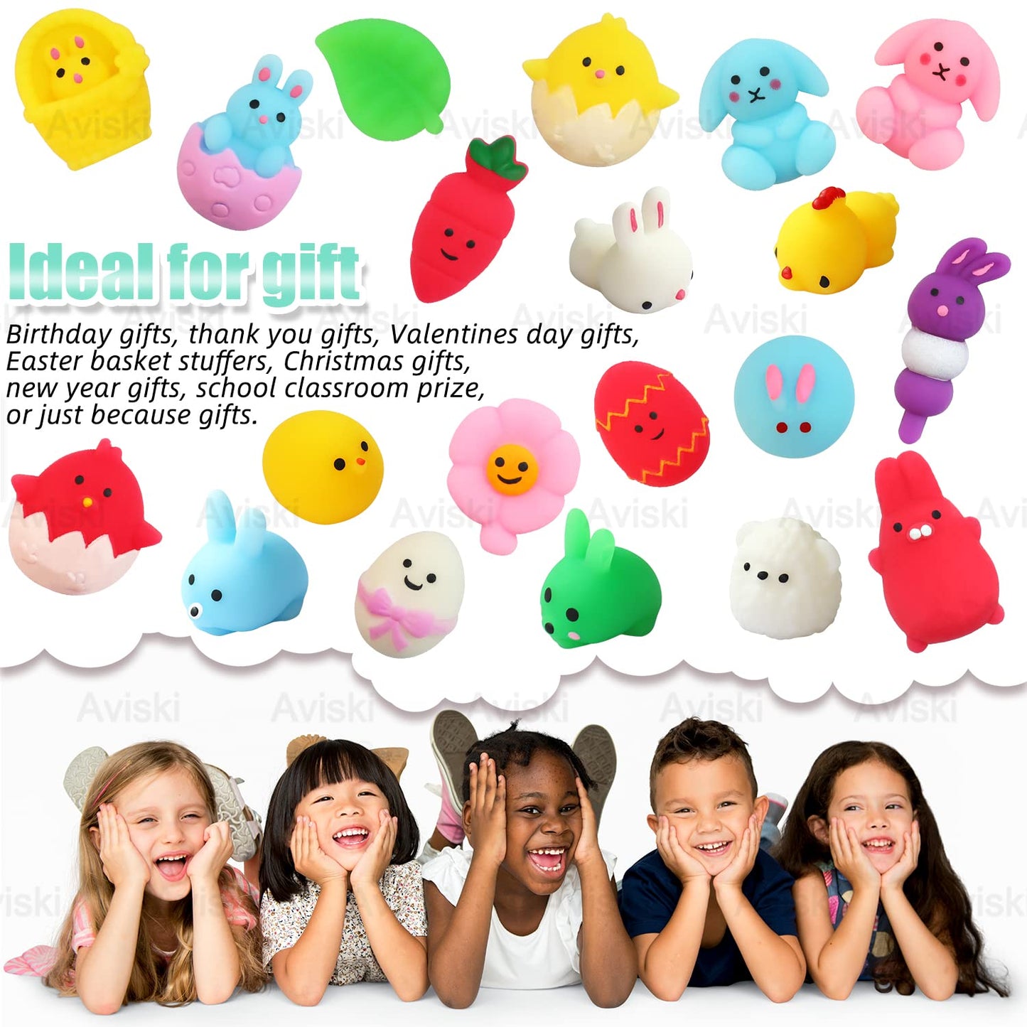 Aviski 100Pcs Easter Mochi Squishy Toys, Mini Kawaii Squishies Soft Fidget Toys Stress Squeeze Toys Party Bags Filler, Small Sto