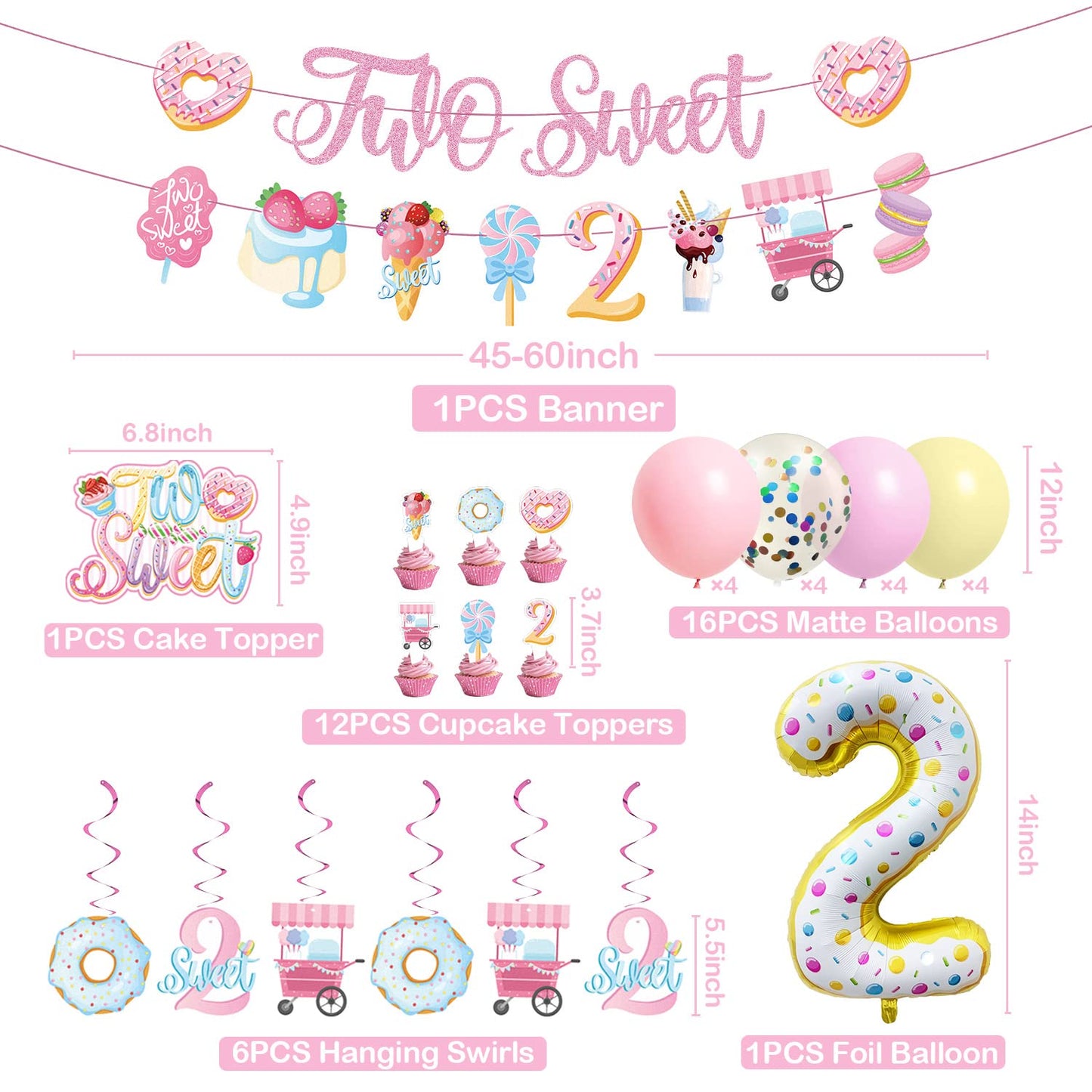 Juyrle Two Sweet Birthday Party Decorations- 2Nd Sweet Party Banner Donut Theme Second Birthday Party Girls Macaron Balloon Garland Kit For Two Years Old Candy Theme Party Supplies