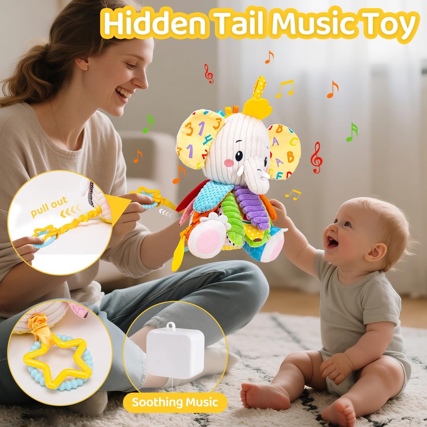 JoySpark Toys Musical Stuffed Elephant - Beige Polyester Toy for Infants 0-12 Months, Crinkle Paper & Mirror, Perfect Tummy Time Gift