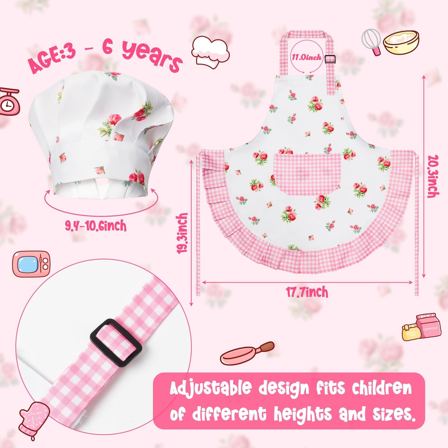R Horse Kid Apron And Chef Hat Set - 2Pcs Plaid Floral Adjustable Children Kitchen Toddler Apron For Girls, Role Play Chef Toy C