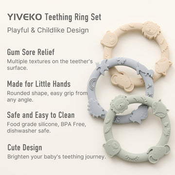 YIVEKO Silicone Teethers for Babies 0-6 6-12 Months Teething Toys for Infants Baby Chew Toys for Sucking Needs Baby Teething Rings for Infant Boys and Girls 3 Pack-Dinosaur-Baby Blue
