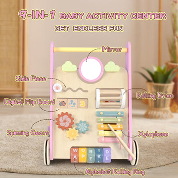 Lol-Fun Wooden Baby Walker For Girls With Wheels, Baby Push Walker For Baby Girl 12 Months, Pink Baby Walker Push Toy For 1 Year