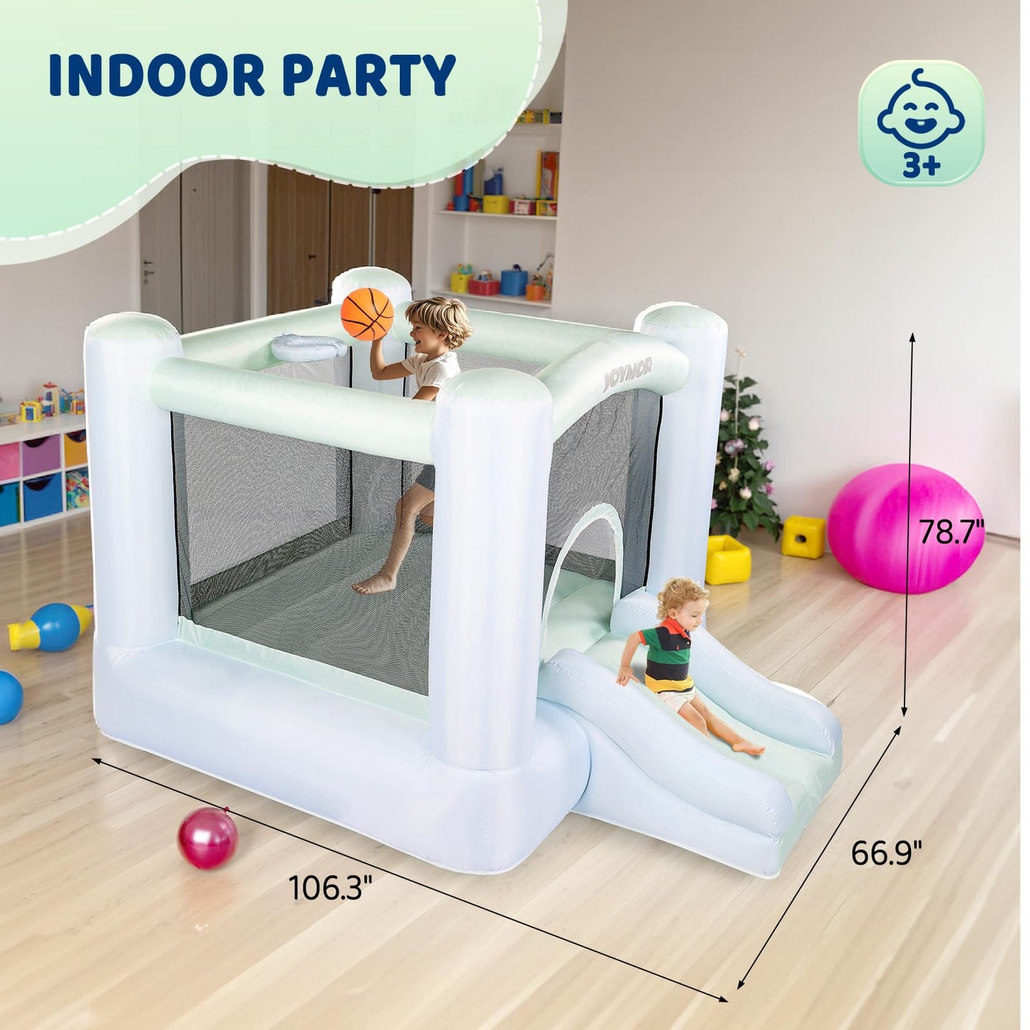Joymor Grandient Style 3-In-1 Inflatable Bounce House For Kids 3-6 W/Basketball Hoop And Slide, Kids Small Bounce House With Blower For Toddlers Indoor & Outdoor Party