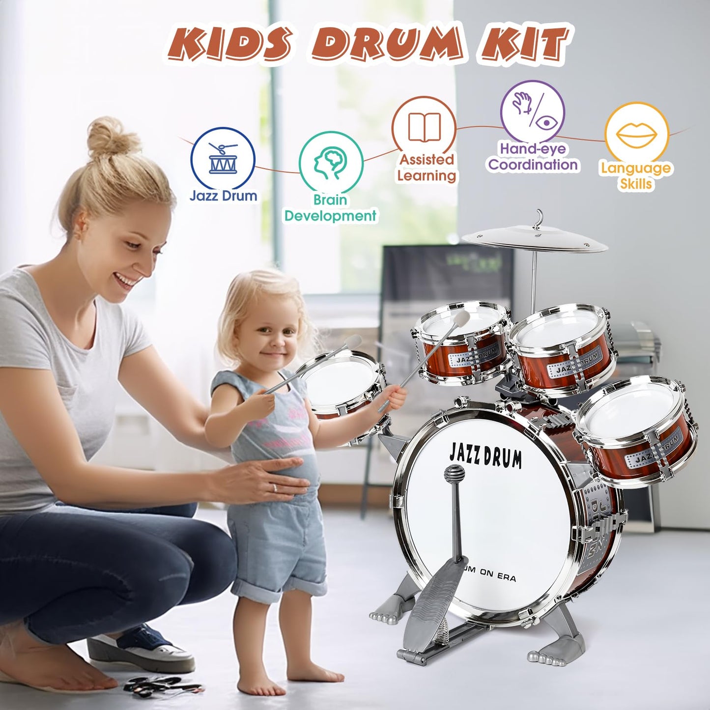 Toy Drum Set For Kids Toddler Jazz Drum Kit With 5 Drums Percussion Musical Instruments Toys For 3 4 5 Year Old Boys Girls Gifts Ages 3-5