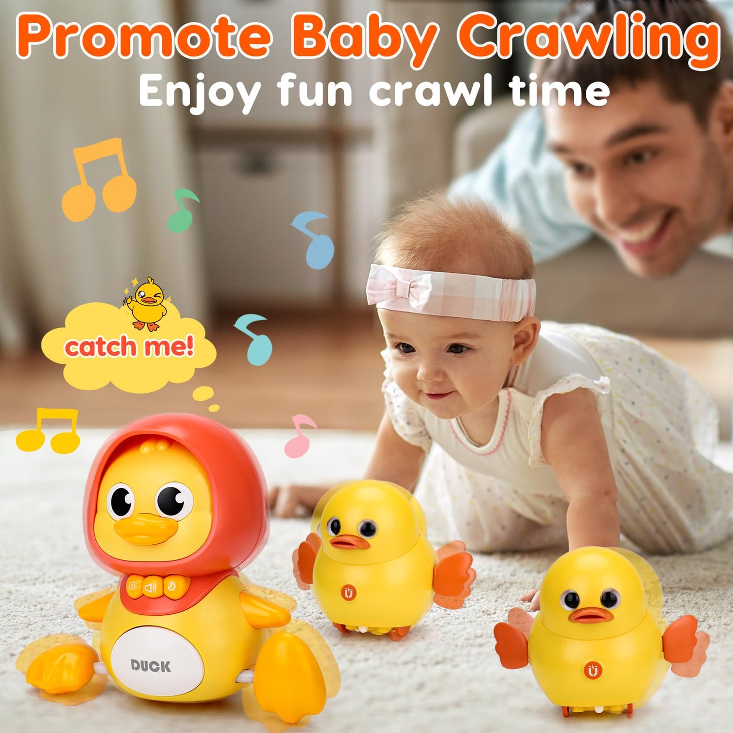 Baby Musical Duck Toy Set With 2 Baby Ducks Light Up Tummy Time Infant Toys 0-3-6 Months Crawling Toys For Babies 6-12 12-18 Months Birthday Shower Gifts For 1 Year Old Boy Girl Easter Basket Stuffers