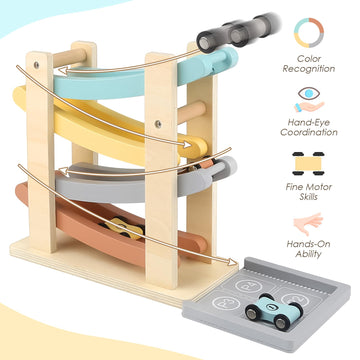 Joyreal Wooden Car Ramp Race Track Set - Soft Color, Medium Size, Includes 4 Mini Cars & Garage, Ideal for Toddlers 1-3 Years Old