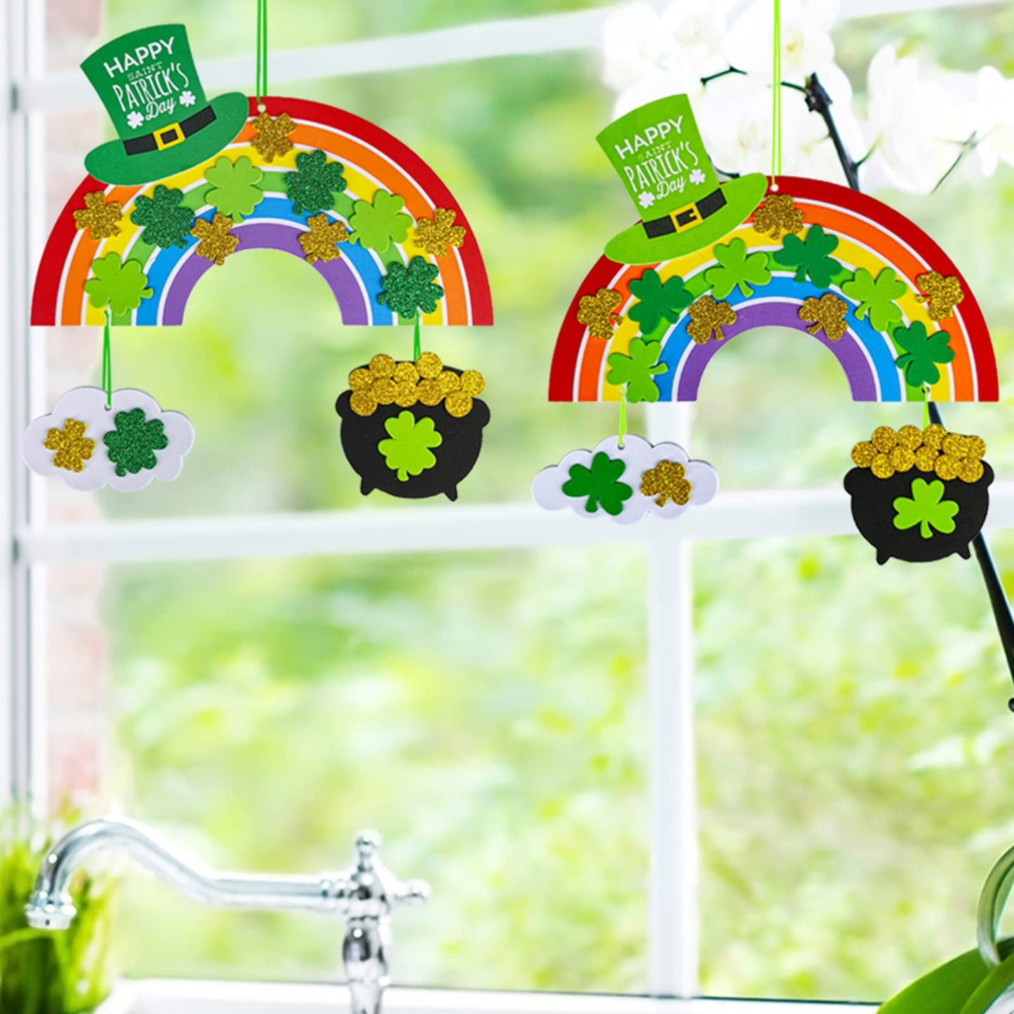Winlyn 12 Sets St. Patricks Day Decorations Rainbow Ornaments DIY St. Pats Craft Kits Rainbow Four-Leaf Clover Irish Lucky Sha