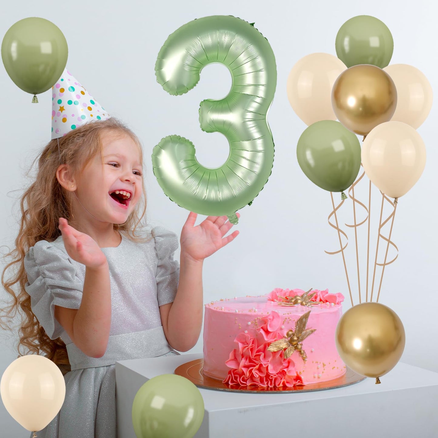 40 Inch Sage Green Number 3 Balloon, Olive Green 3Rd Birthday Balloons, Retro Sand White Avocado Green Gold Latex Balloons Giant