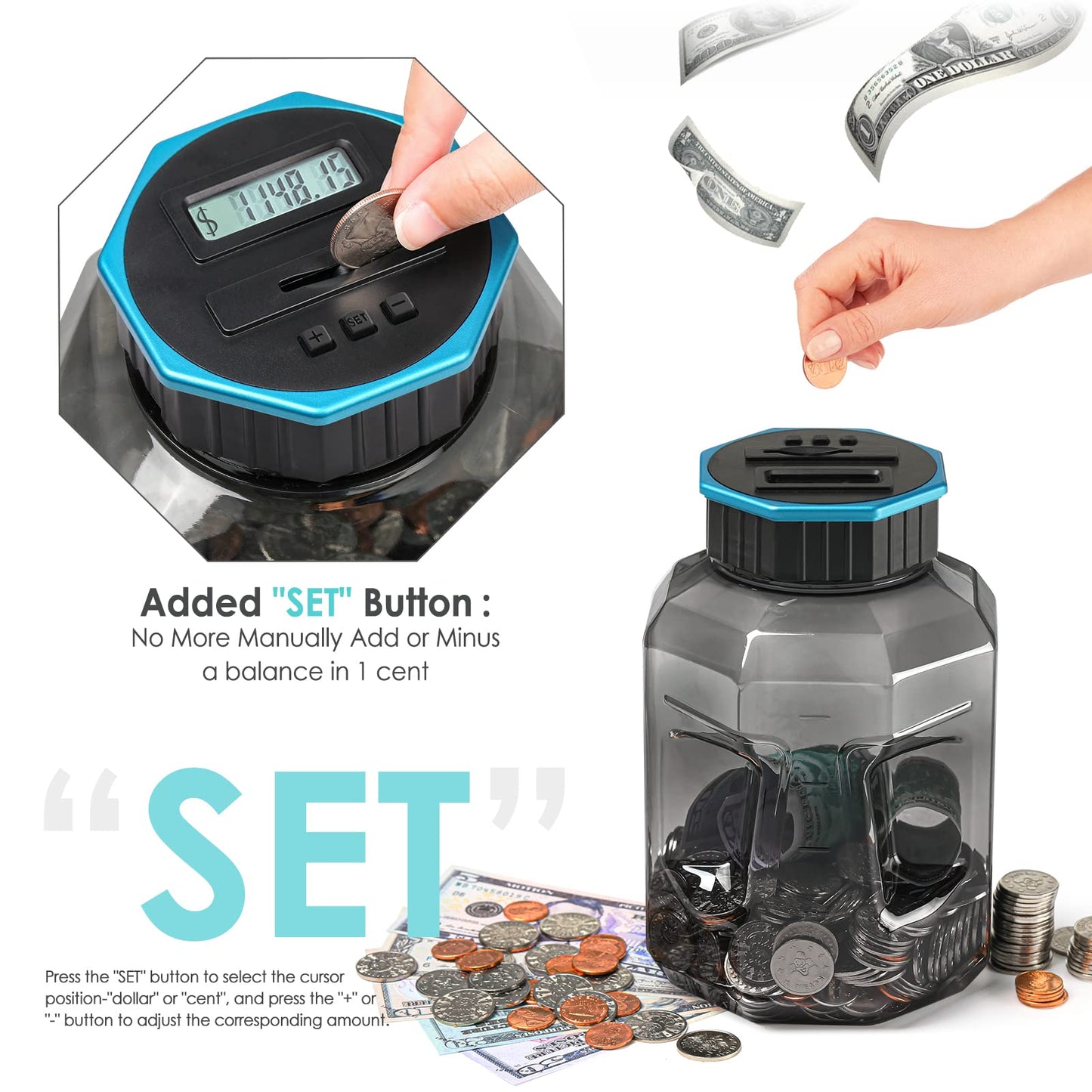 X-Large Piggy Bank For Adults Kids, Vcertcpl Digital Coin Counting Bank With Lcd Counter, 2.4L Capacity, Great Coin Counter Bank Money Counting Jar With Total Amount Displayed (Gray2, X-Large)