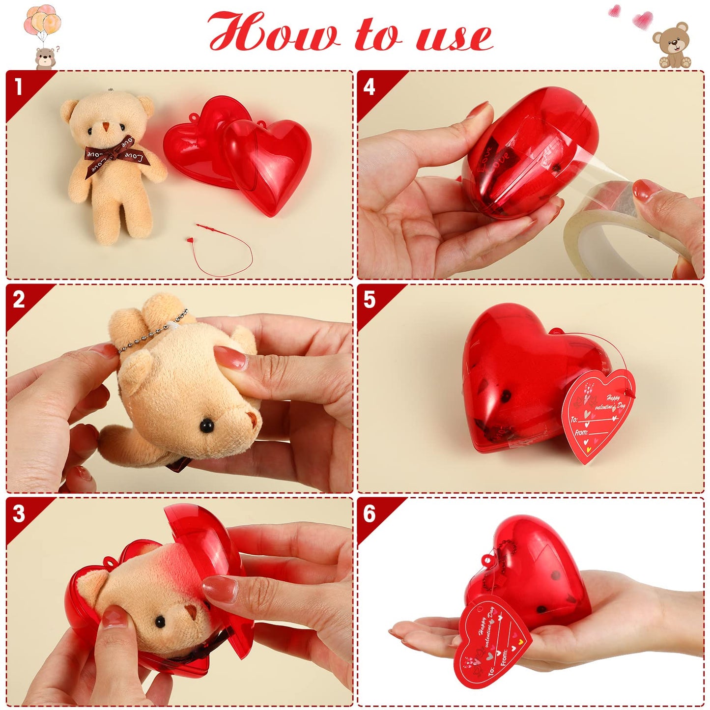 Civaner 48 Pcs Valentine Mini Bear Stuffed Plush Animal Keychain Decoration Heart Box With Valentines Cards For Classroom Exchan